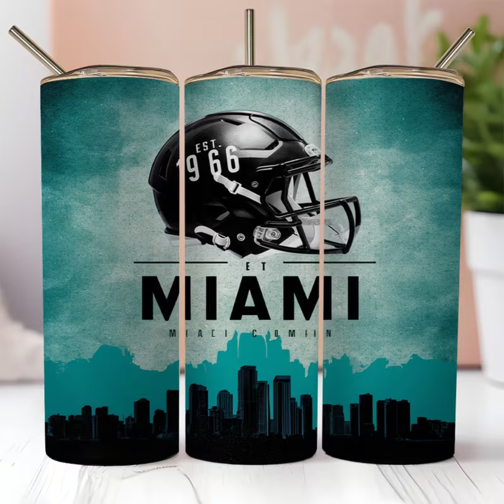 Miami Football Design Stainless Steel Tumbler with Lid & Straw