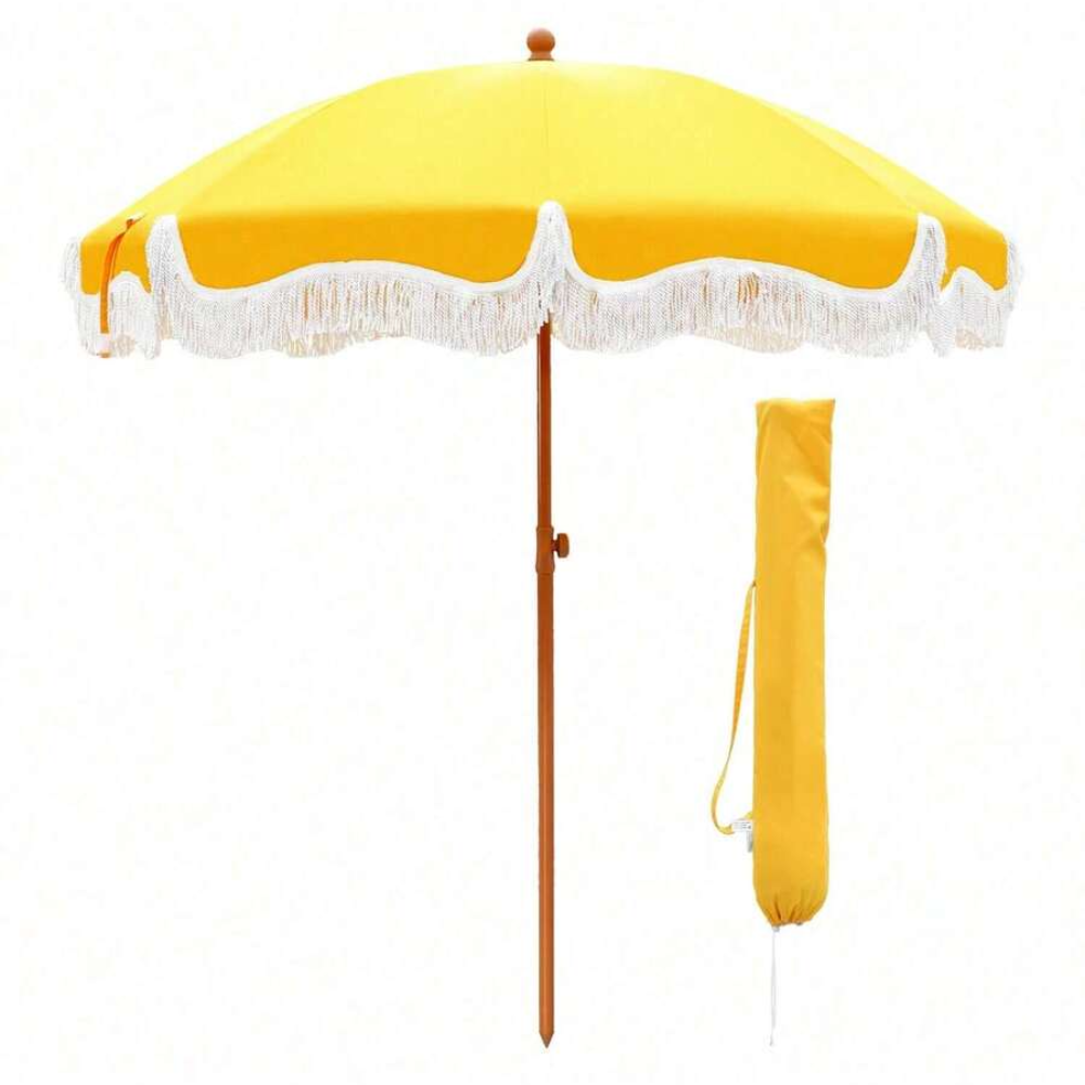 7FT Portable Beach Umbrella With Fringe And Windproof Design