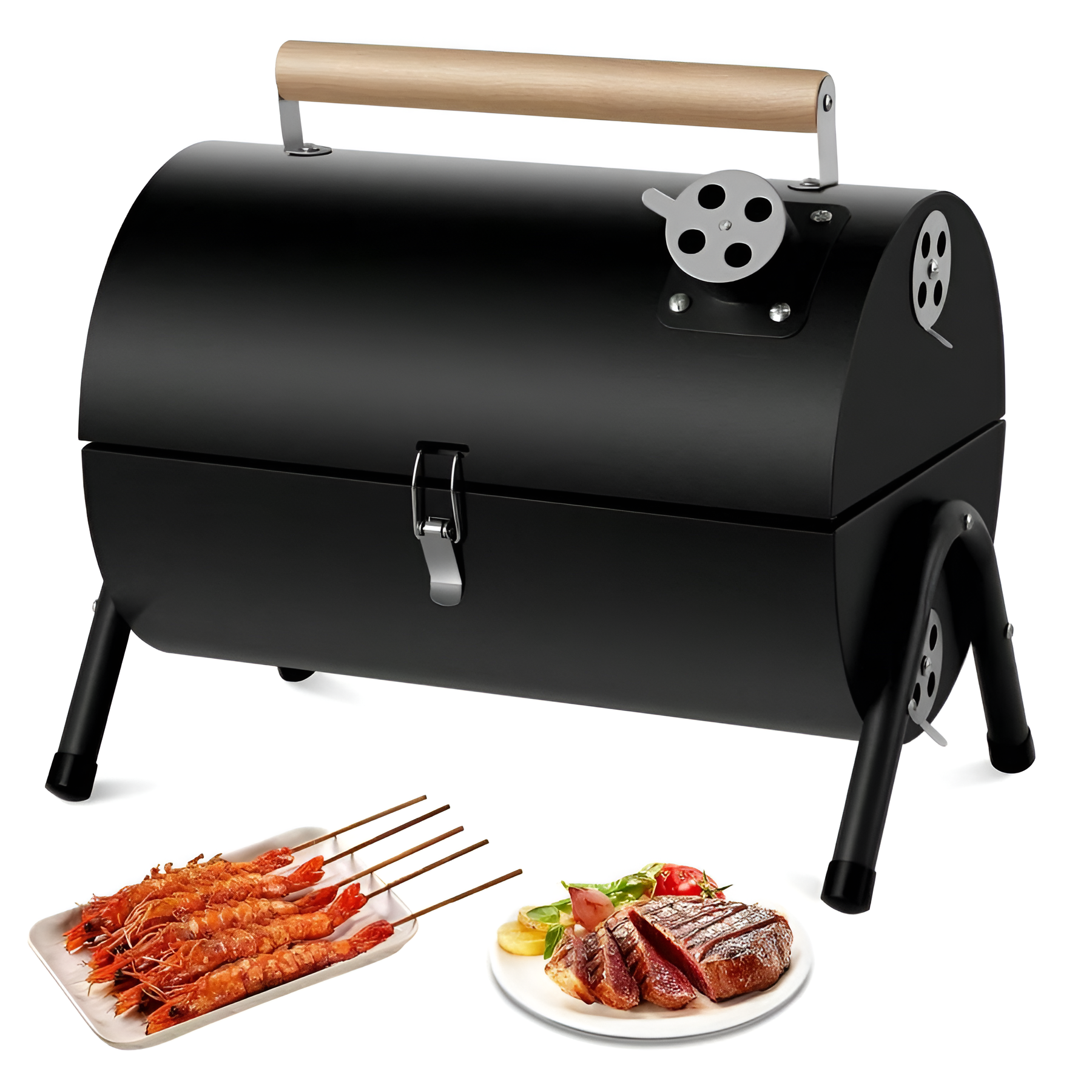 Compact Portable Charcoal Grill Barrel - Double Sided Collapsible Design, Great For Outdoor Cooking And Camping, Black Stainless Steel Smoker With Wooden Handle, Great For Grilling Shrimp, Meats And Vegetables, Outdoor Cooking Grill | Barrel Grill | Easy 