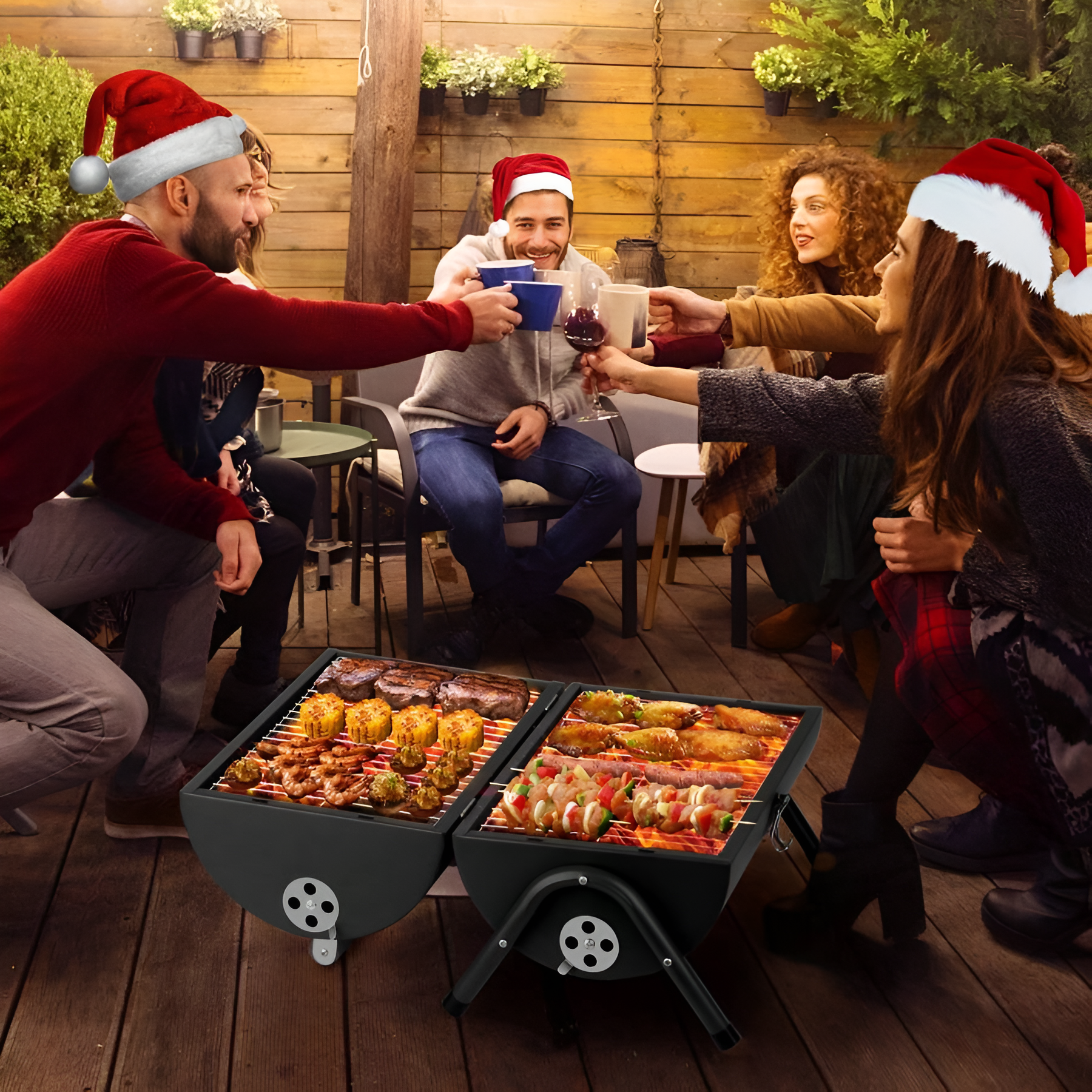 Compact Portable Charcoal Grill Barrel - Double Sided Collapsible Design, Great For Outdoor Cooking And Camping, Black Stainless Steel Smoker With Wooden Handle, Great For Grilling Shrimp, Meats And Vegetables, Outdoor Cooking Grill | Barrel Grill | Easy 