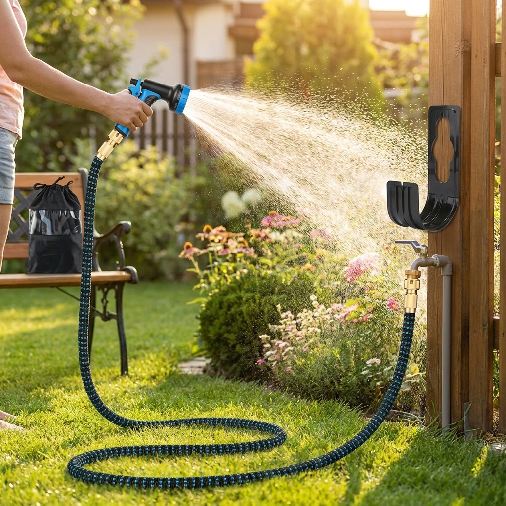 Expandable Garden Hose Kit With 10 Function Spray Nozzle And Solid Brass Fittings