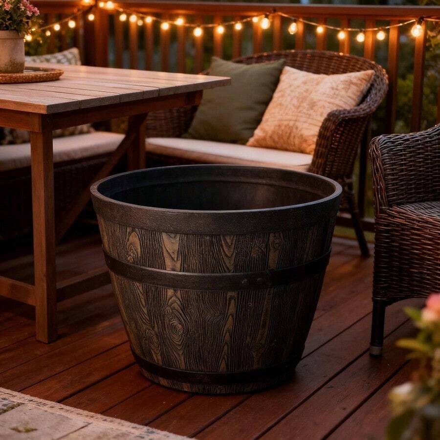 20" Whiskey Barrel Planter, Brown, 100% Resin, Lightweight UV‑Resistant Outdoor Pot, 19.9" X 19.9" X 13"