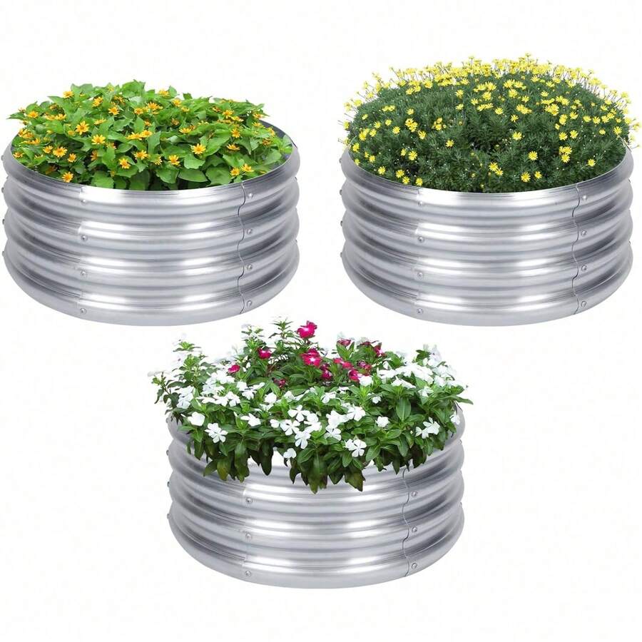 3 Pack Raised Garden Bed - Round Galvanized Metal, 2x2x1 Ft