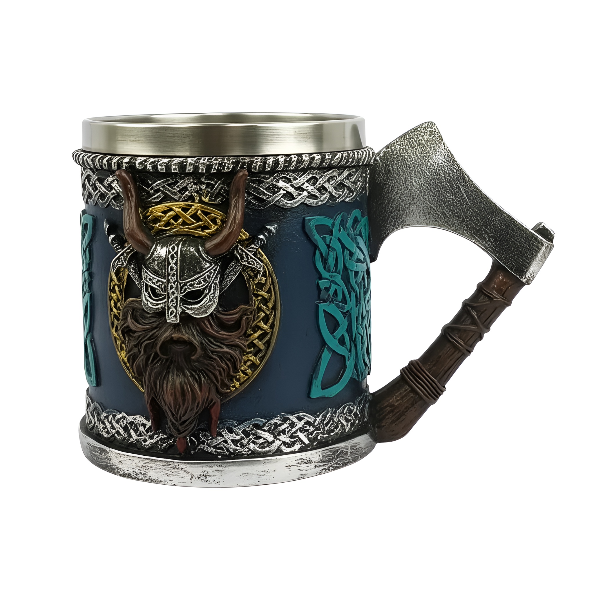 Warrior Themed Drink Mug With Axe Handle And Horned Helmet Design