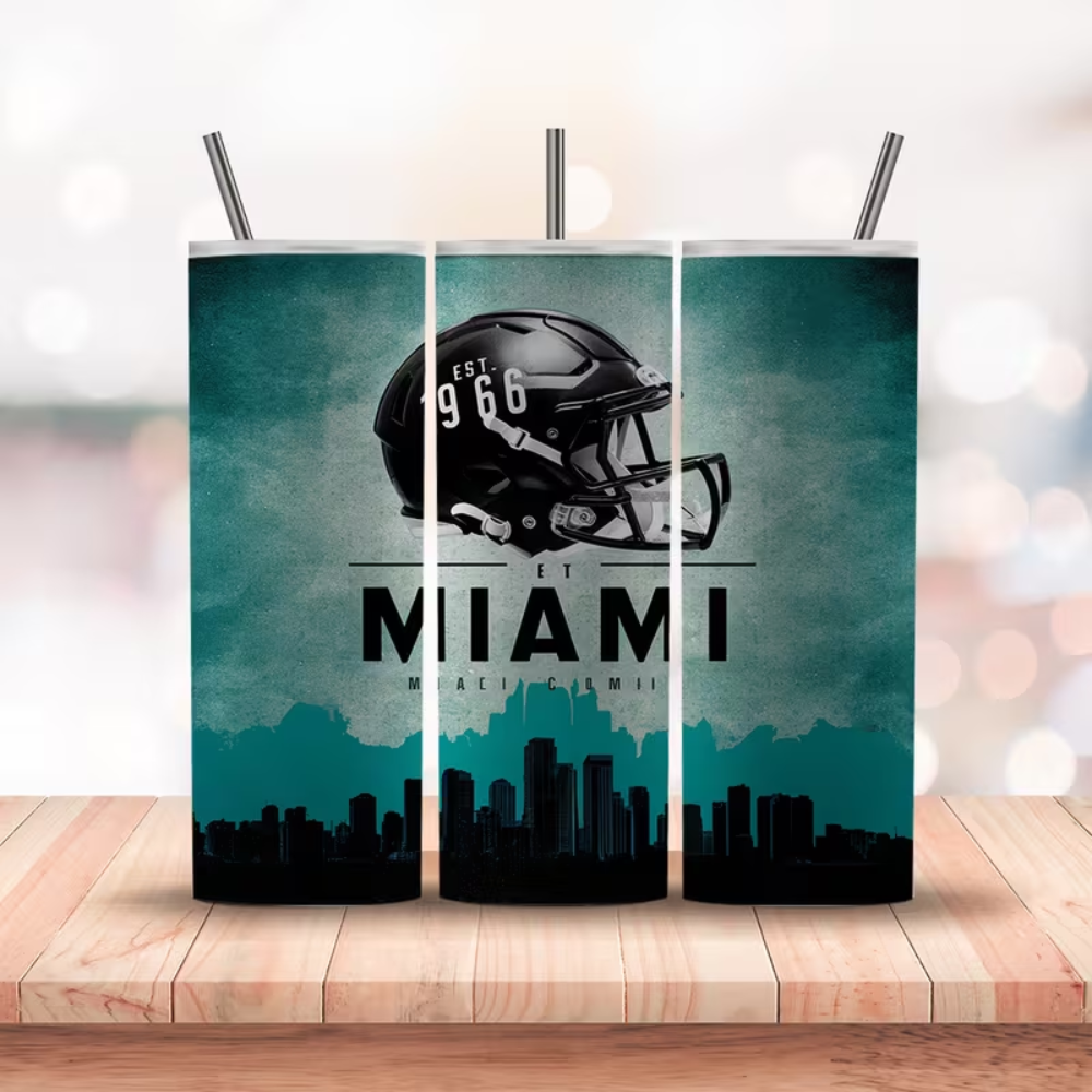 Miami Football Design Stainless Steel Tumbler with Lid & Straw