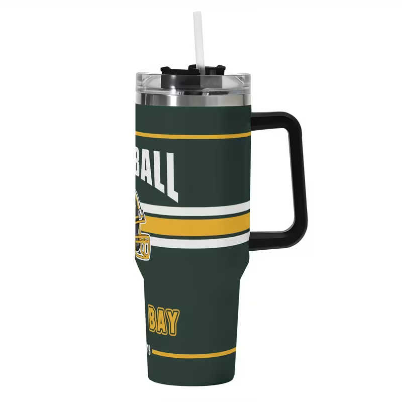 Insulated Tumbler with Lid & StrawGreen Bay Packers Football Themed Travel Mug - Image 3