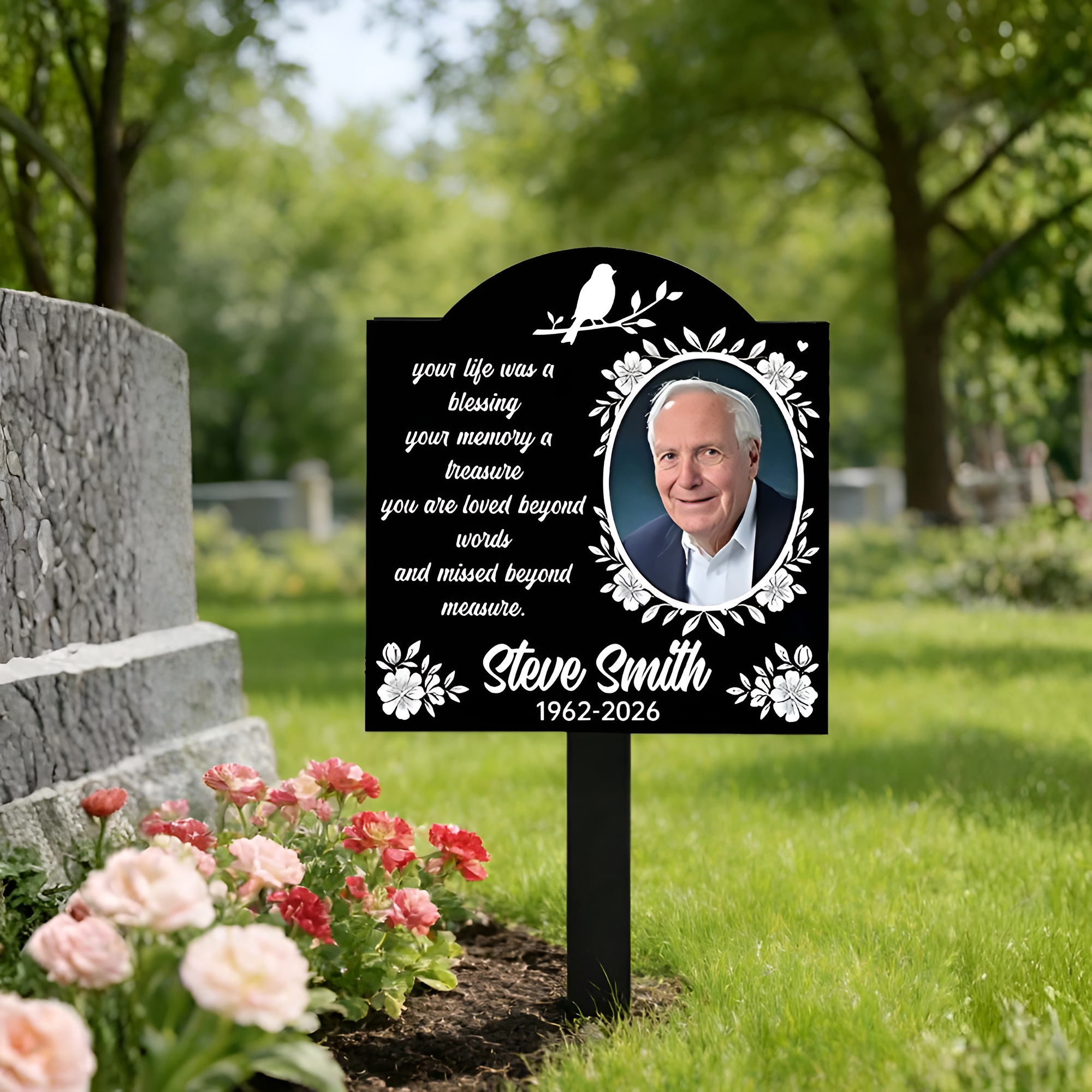 1pc Customized Photo & Text Floral Memorial Plaque, Personalized Remembrance Plaque With Poem & Floral