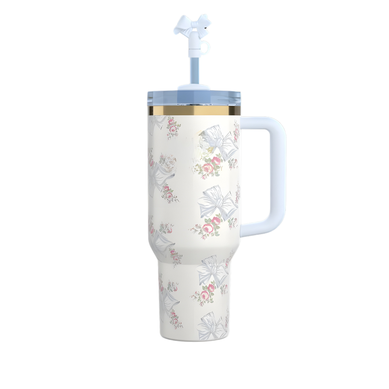 Holiday Floral Tumbler With Handle And Straw