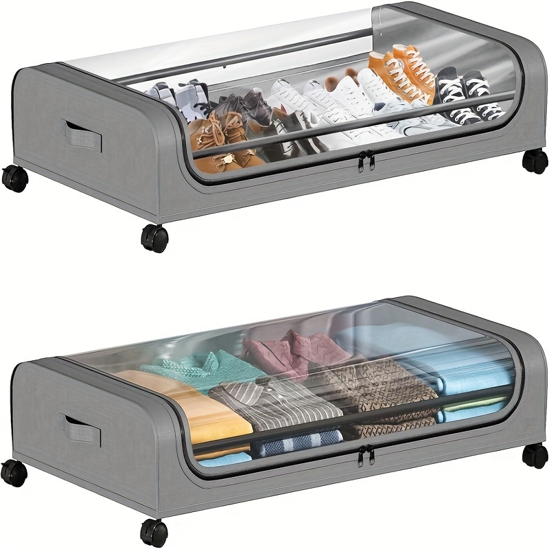 2pcs Under Bed Storage Organizer Metal Underbed Bins With Wheels And Lid Metal Underbed Storage Containers Under Bed Rolling Storage