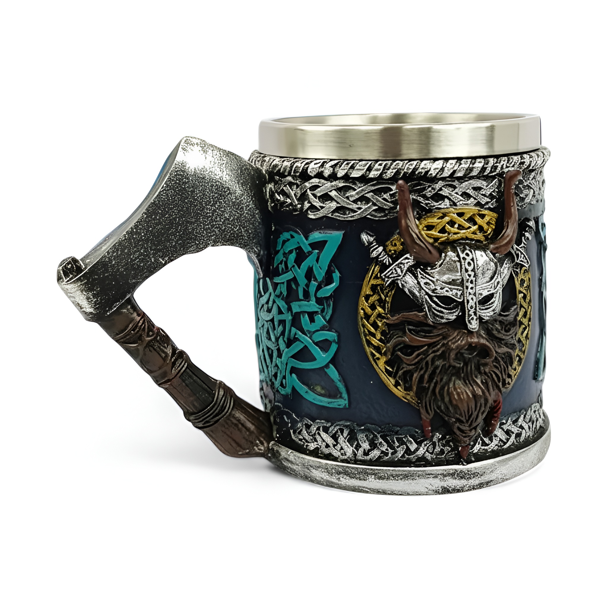 Warrior Themed Drink Mug With Axe Handle And Horned Helmet Design