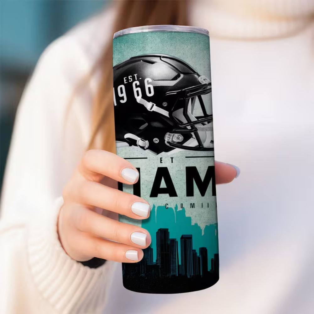 Miami Football Design Stainless Steel Tumbler with Lid & Straw