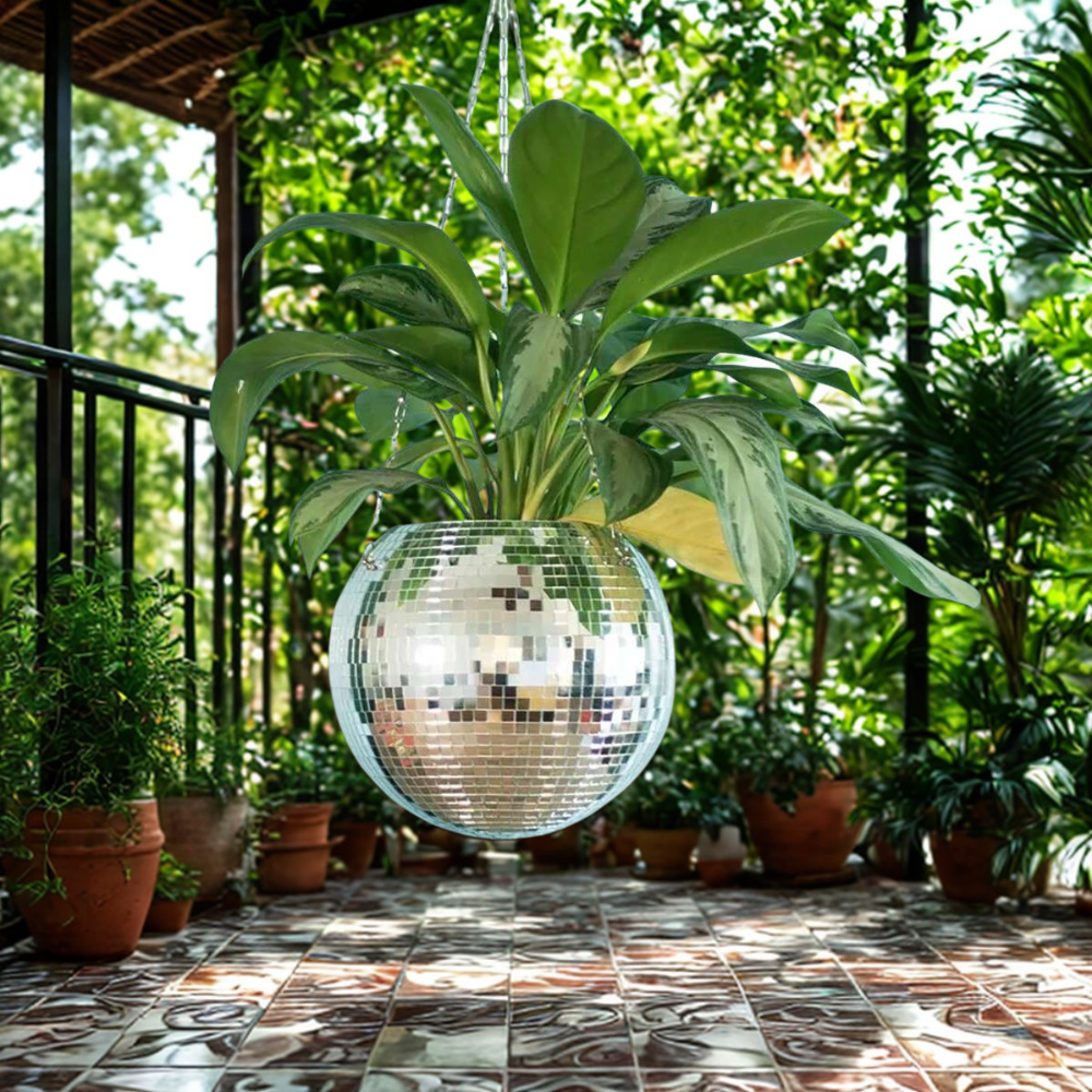 Mirrored Disco Ball Spherical Hanging Flower Planter For Gardening Decor