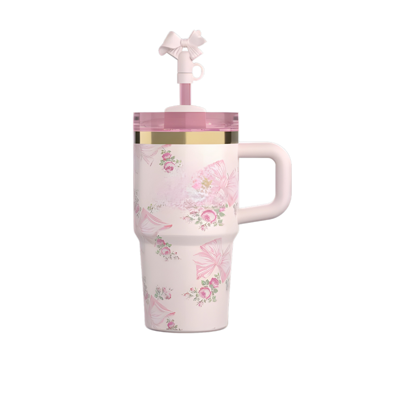 Holiday Floral Tumbler With Handle And Straw