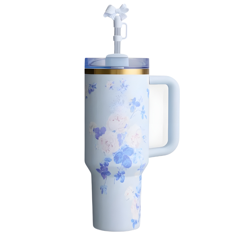 Floral Pattern Tumbler With Handle And StrawFloral Pattern Tumbler With Handle And Straw - Image 7