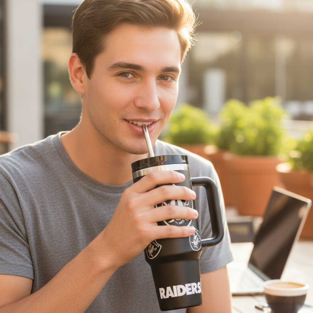 Las Vegas Raiders Themed Travel Tumbler With LidLas Vegas Raiders Pattern Travel Mug - Image 3