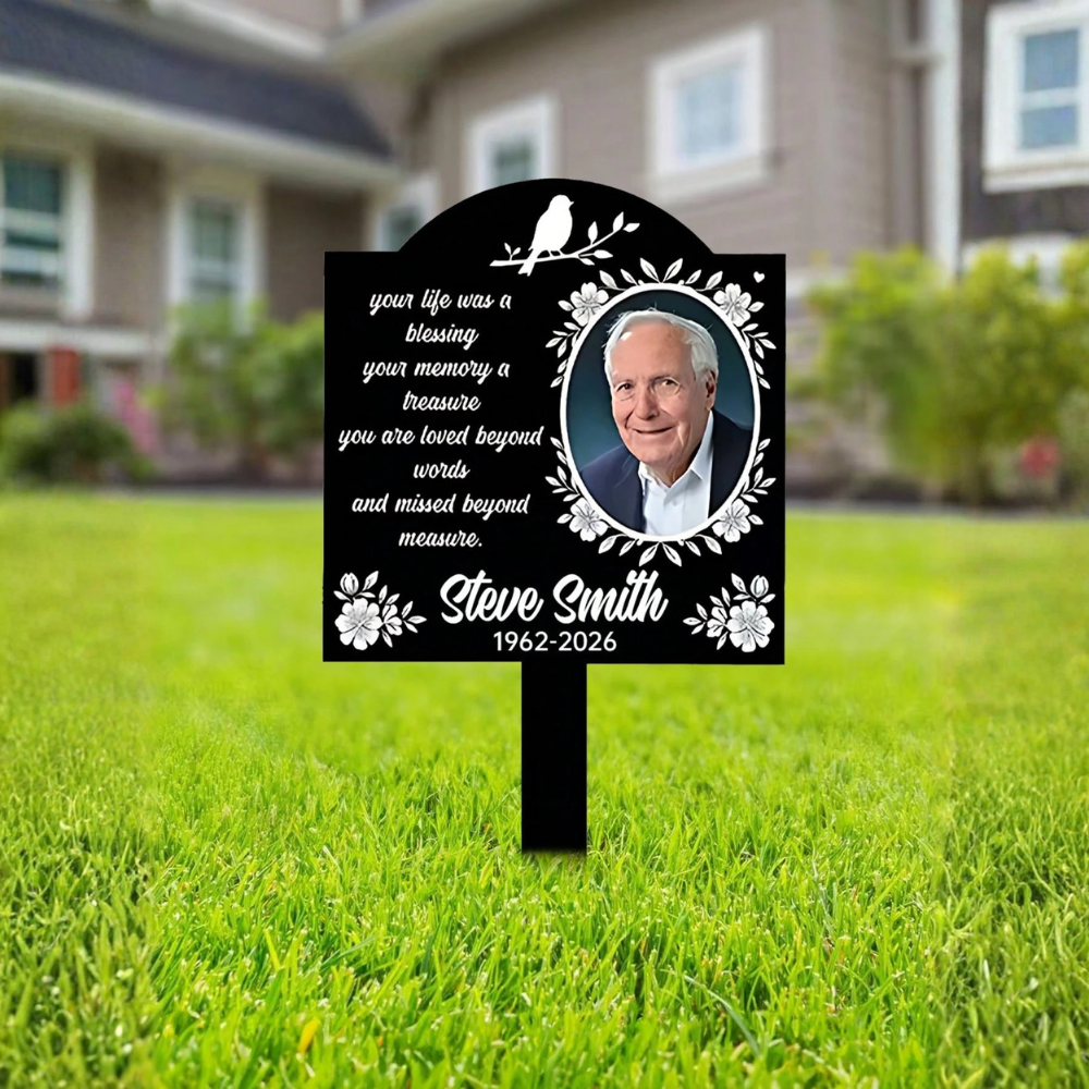 1pc Customized Photo & Text Floral Memorial Plaque, Personalized Remembrance Plaque With Poem & Floral