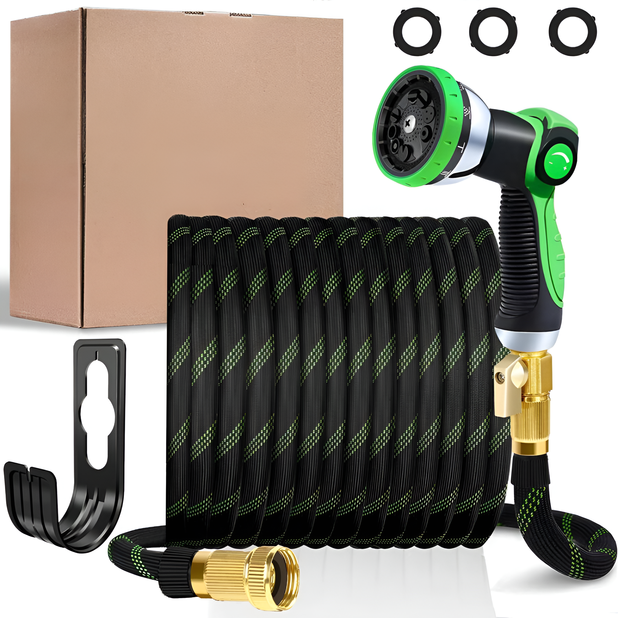 LOVFEN 25/50/75/100FT Braided Garden Hose Set With 10-Function Adjustable Spray Nozzle, Lightweight