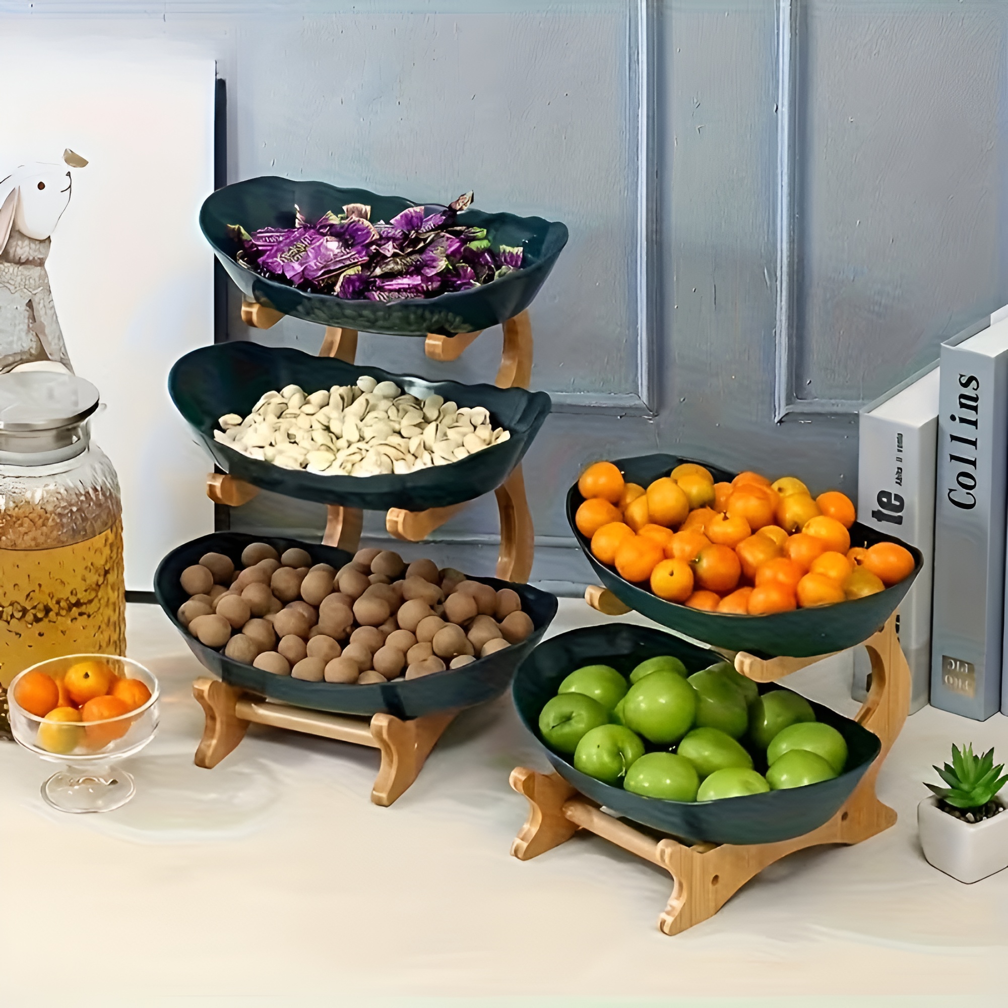 3-Tier Wooden Fruit and Vegetable Basket with Wooden Legs - Versatile Kitchen Organizer for Fruits3 Tier Fruit And Vegetable Storage Basket With Stand - Image 6