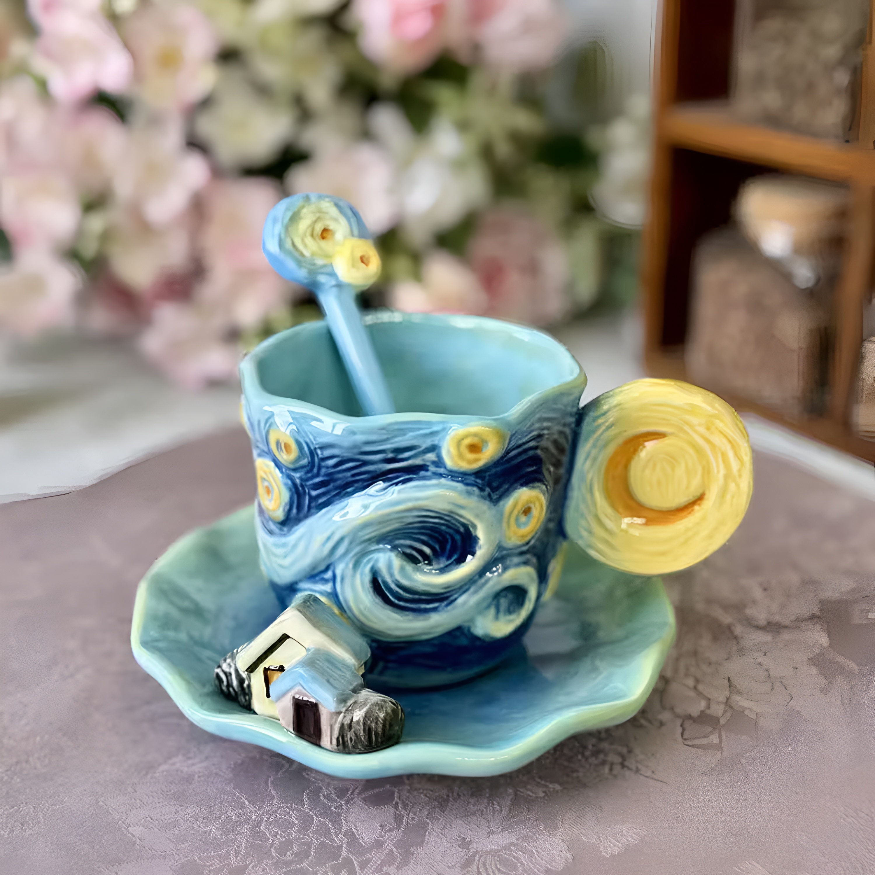 3D Painted Starry Art Ceramic Coffee Cup With Saucer Set