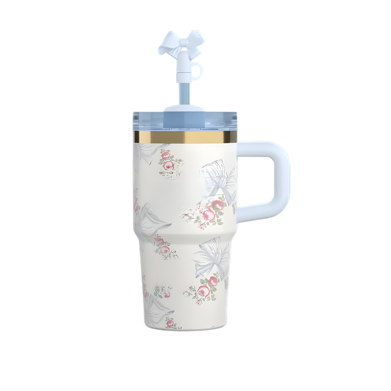 Holiday Floral Tumbler With Handle And Straw