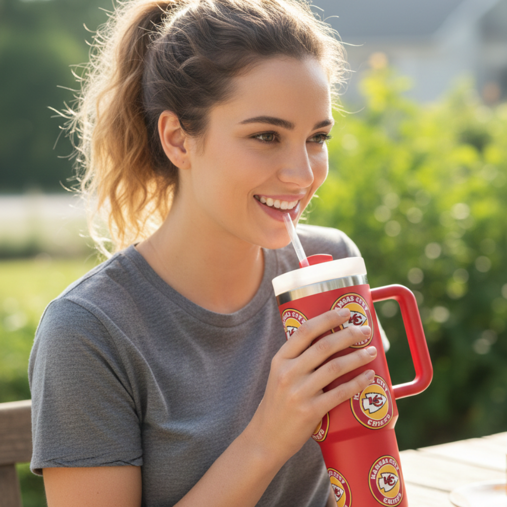 Kansas City Chiefs Themed Travel Tumbler With Lid