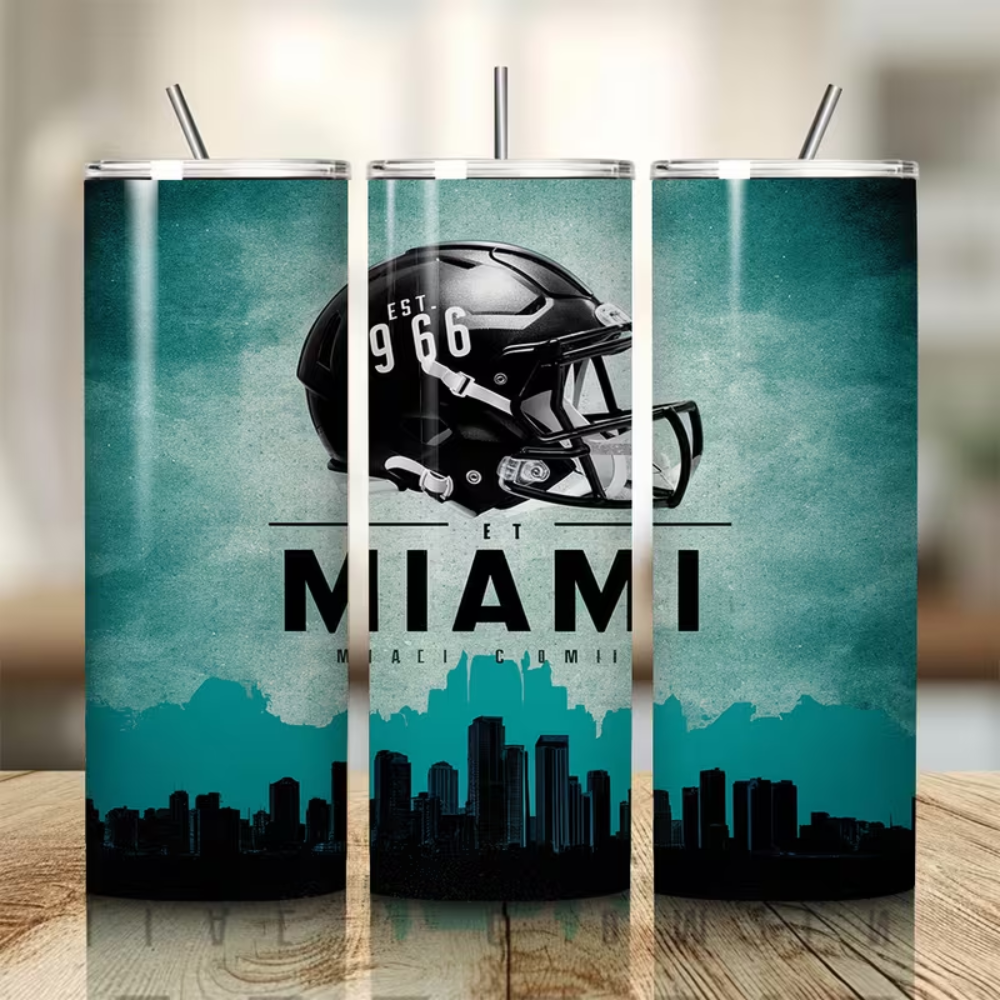 Miami Football Design Stainless Steel Tumbler with Lid & Straw