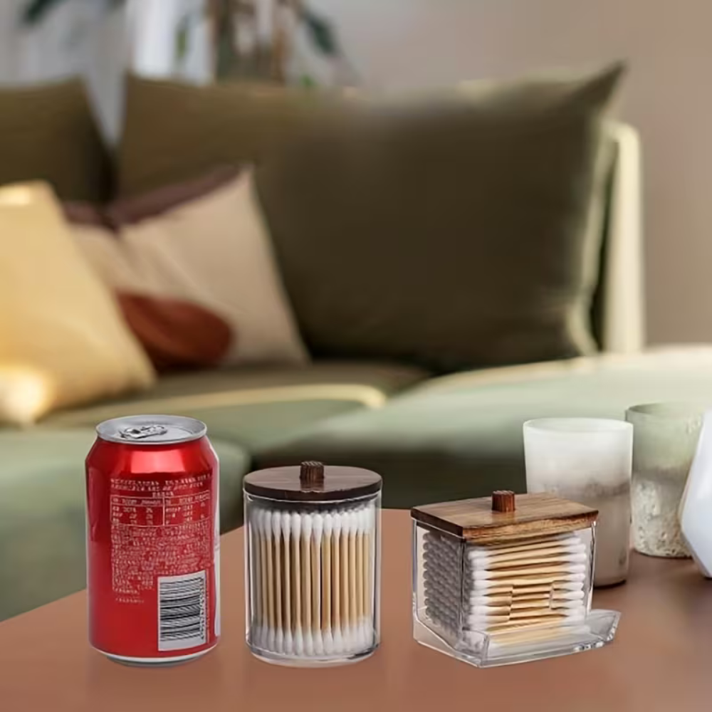 Apothecary Jar Swabs Storage ContainerBathroom Swab Dispenser With Wooden Lid And Organizer Box - Image 2