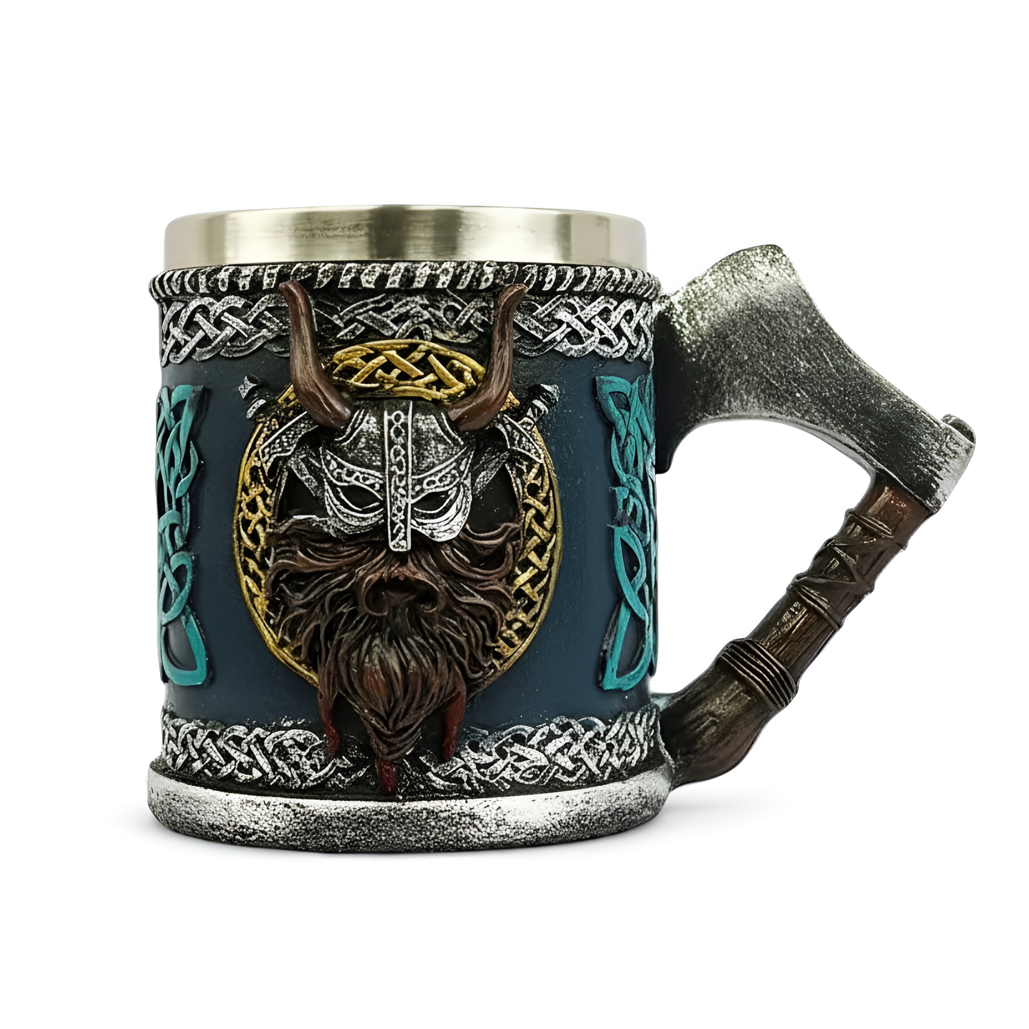 Warrior Themed Drink Mug With Axe Handle And Horned Helmet Design