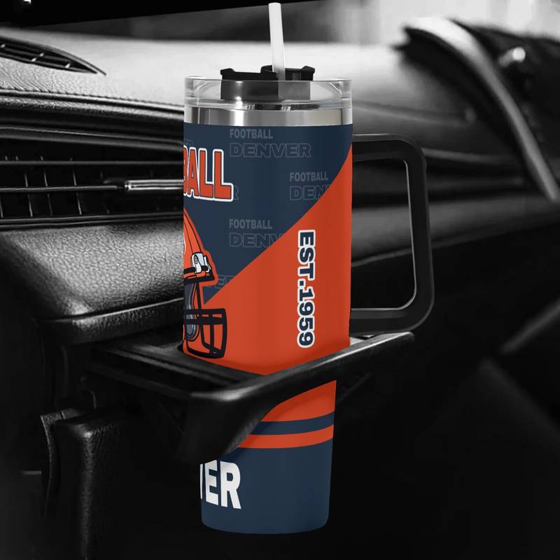 40oz Denver Insulated Stainless Steel Tumbler With Lid And StrawDenver Broncos Football Themed Tumbler With Handle - Image 4