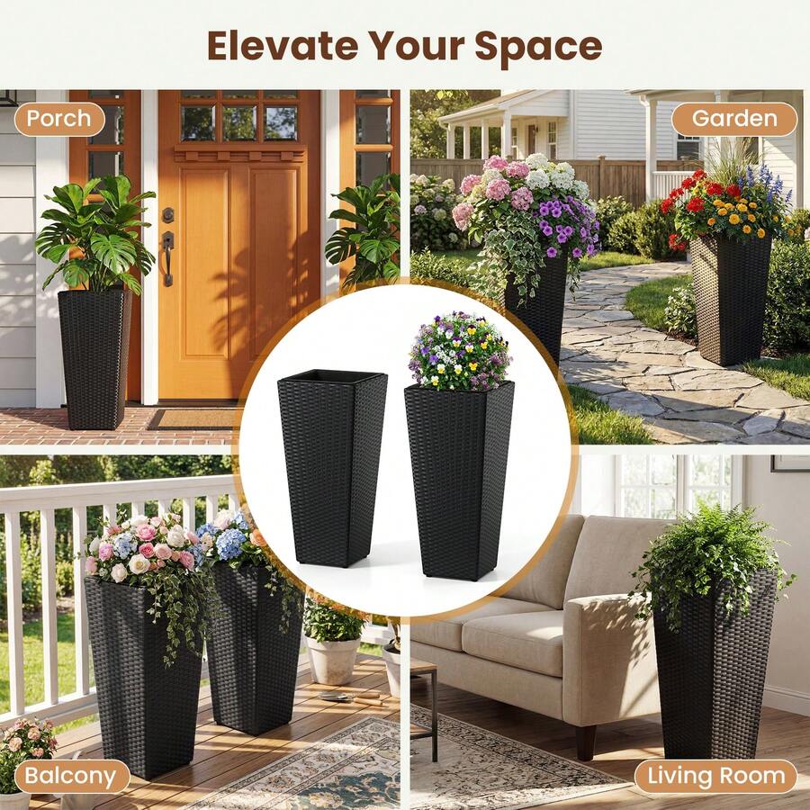 2-Piece Rattan Tall Plant Pot Set