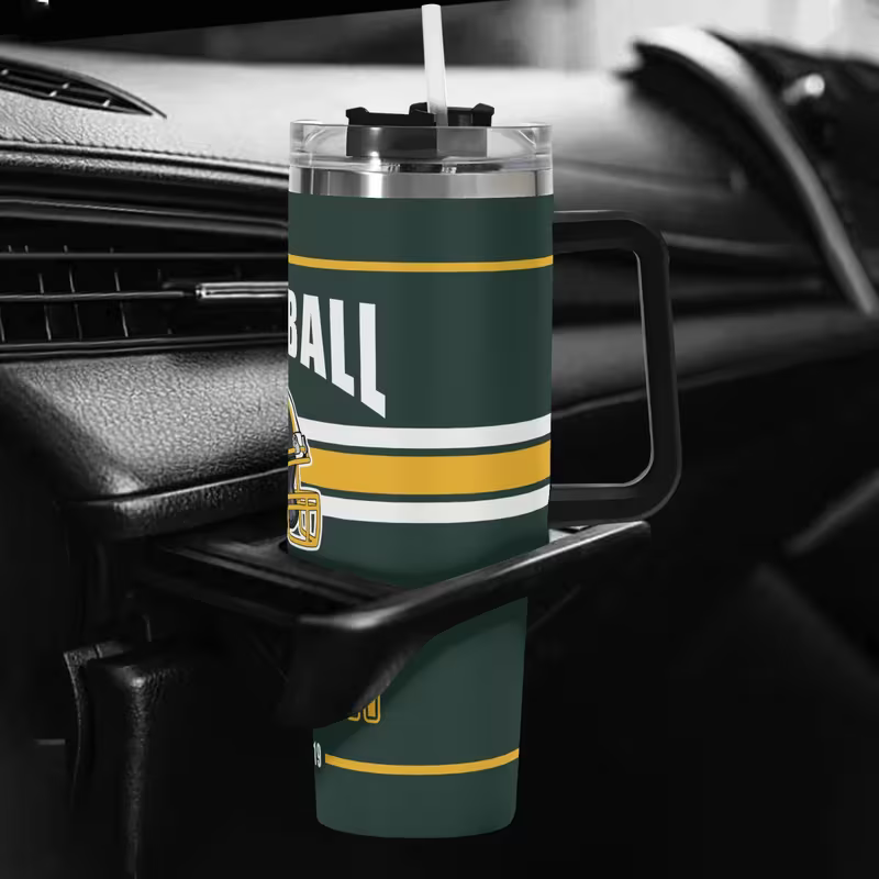 Insulated Tumbler with Lid & StrawGreen Bay Packers Football Themed Travel Mug - Image 4