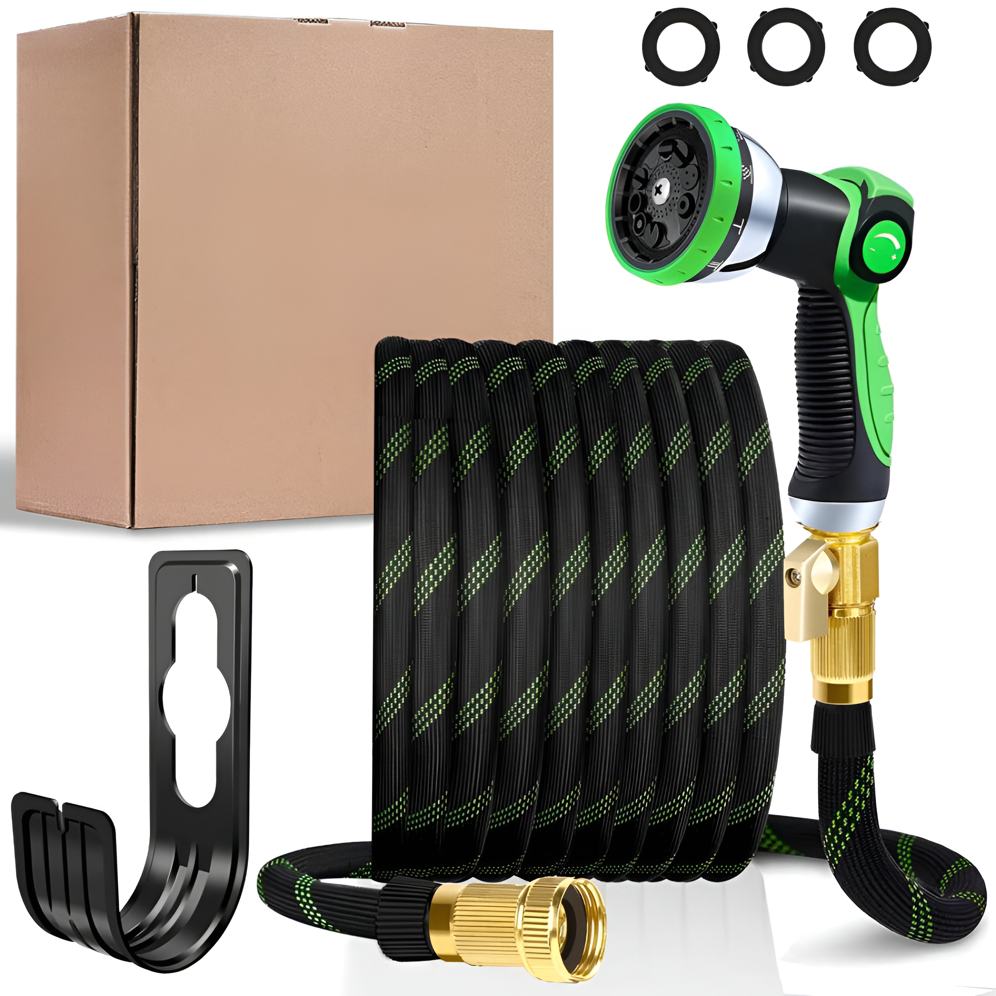 LOVFEN 25/50/75/100FT Braided Garden Hose Set With 10-Function Adjustable Spray Nozzle, Lightweight