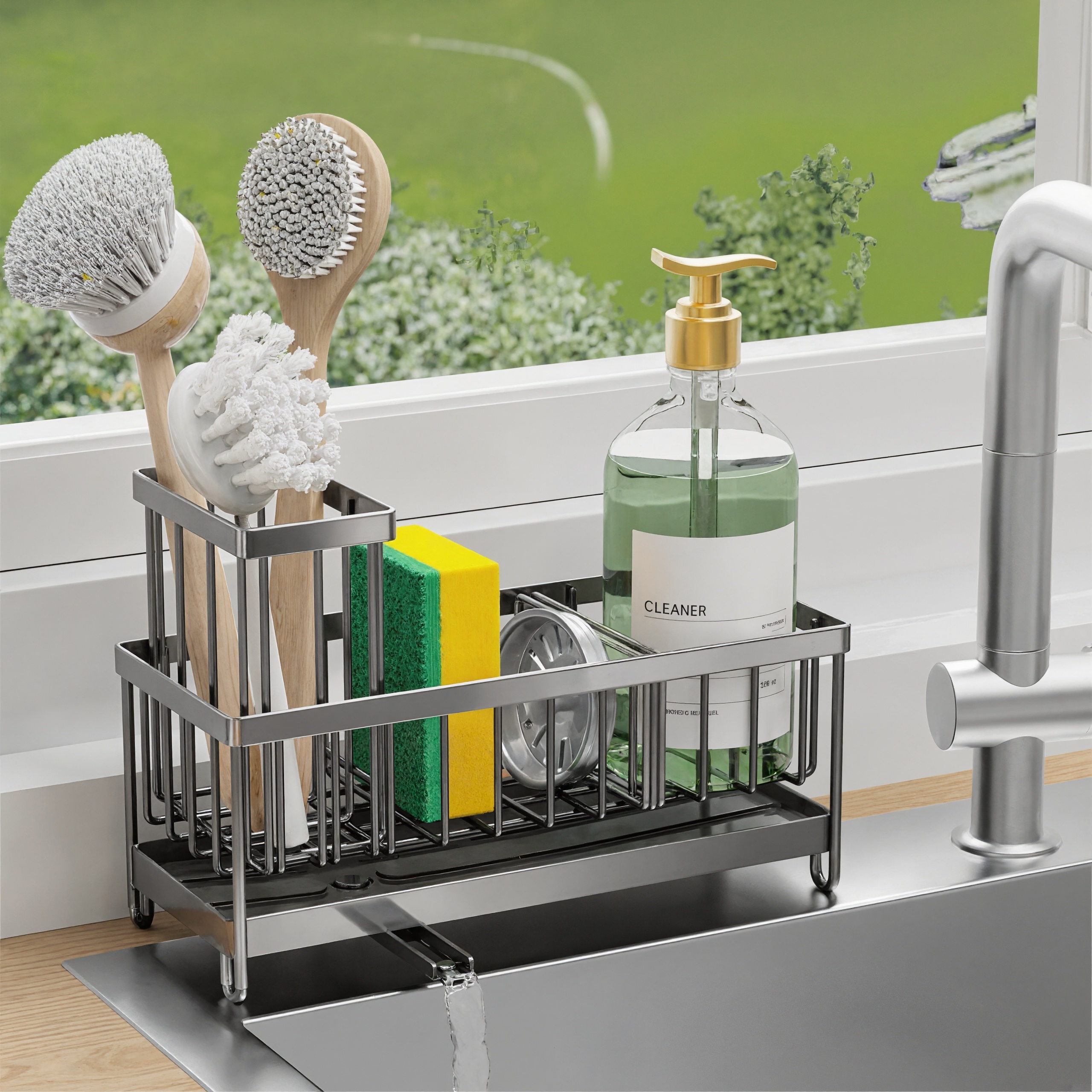 Rotating Spout Kitchen Sink CaddySponge Holder Sink Caddy Organizer With High Brush Holder - Image 4