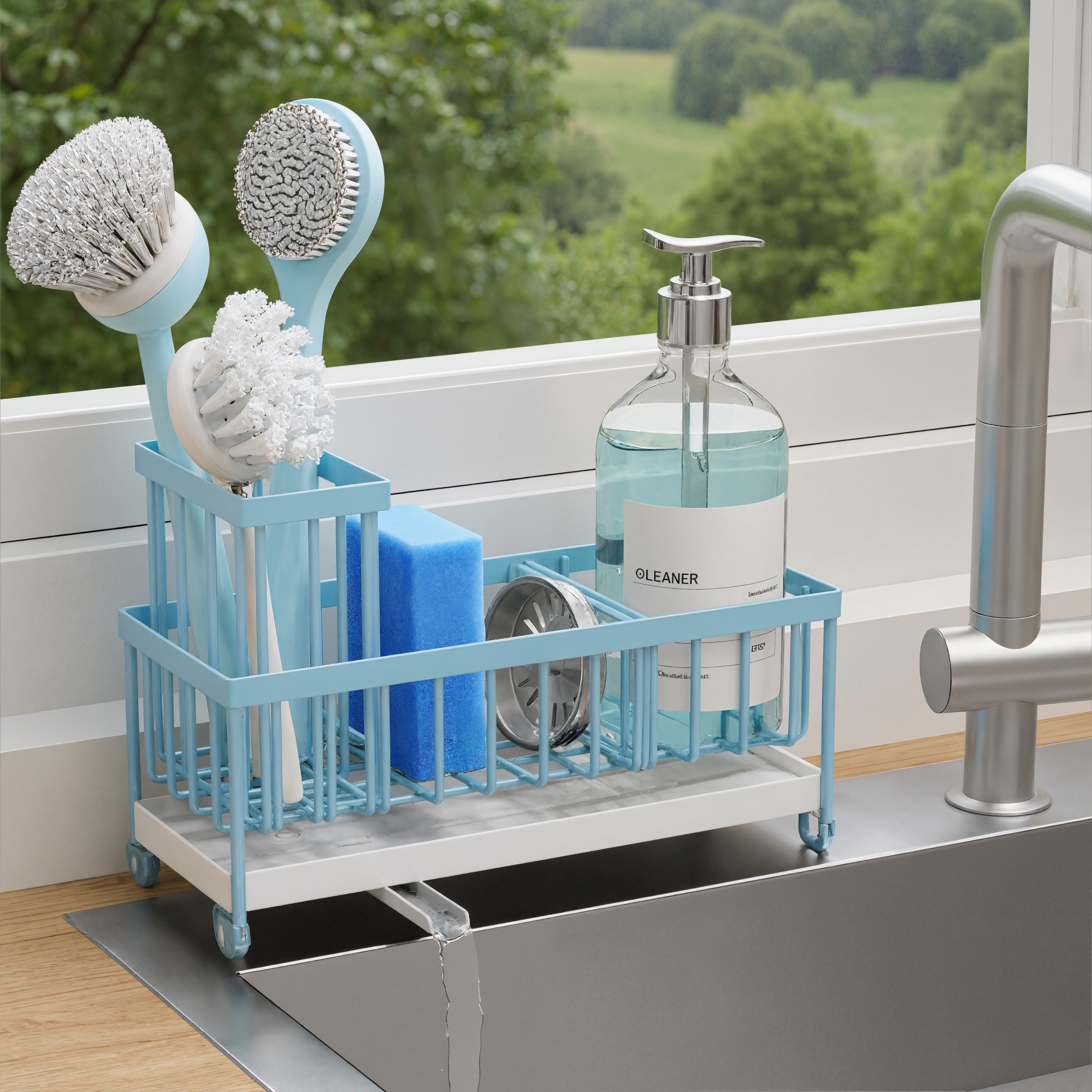 Rotating Spout Kitchen Sink CaddySponge Holder Sink Caddy Organizer With High Brush Holder - Image 2