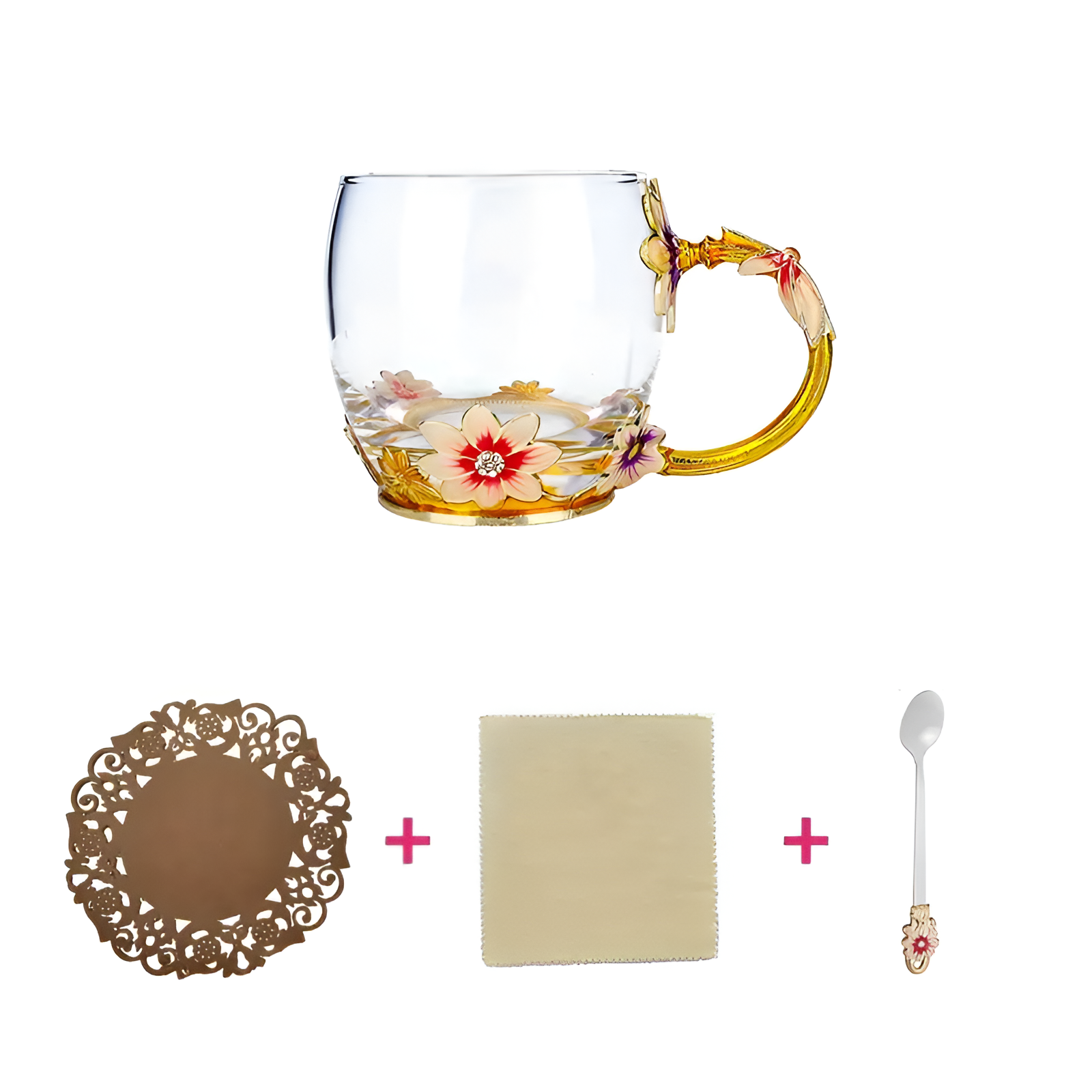 Crystal Glass Cup Set With Butterfly Accent And Rose Spoon For Drinks
