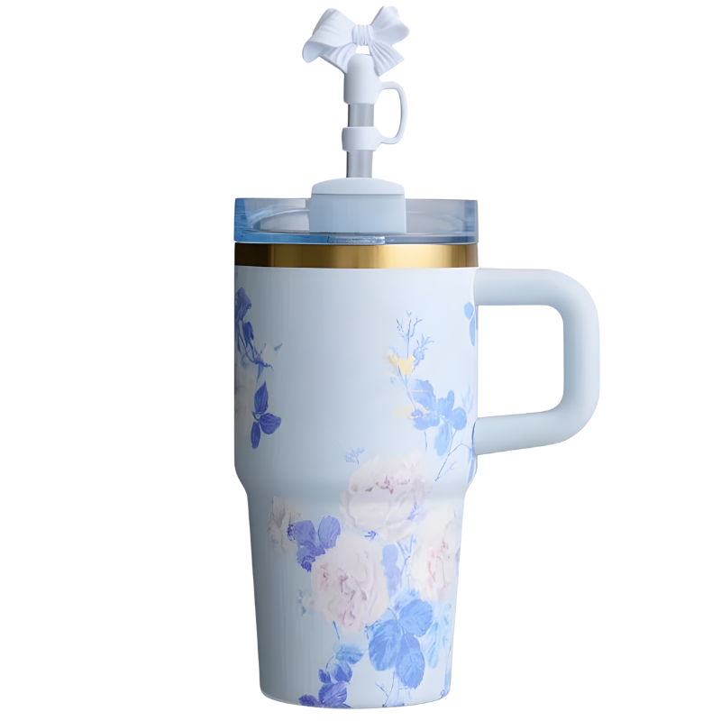Floral Pattern Tumbler With Handle And StrawFloral Pattern Tumbler With Handle And Straw - Image 3