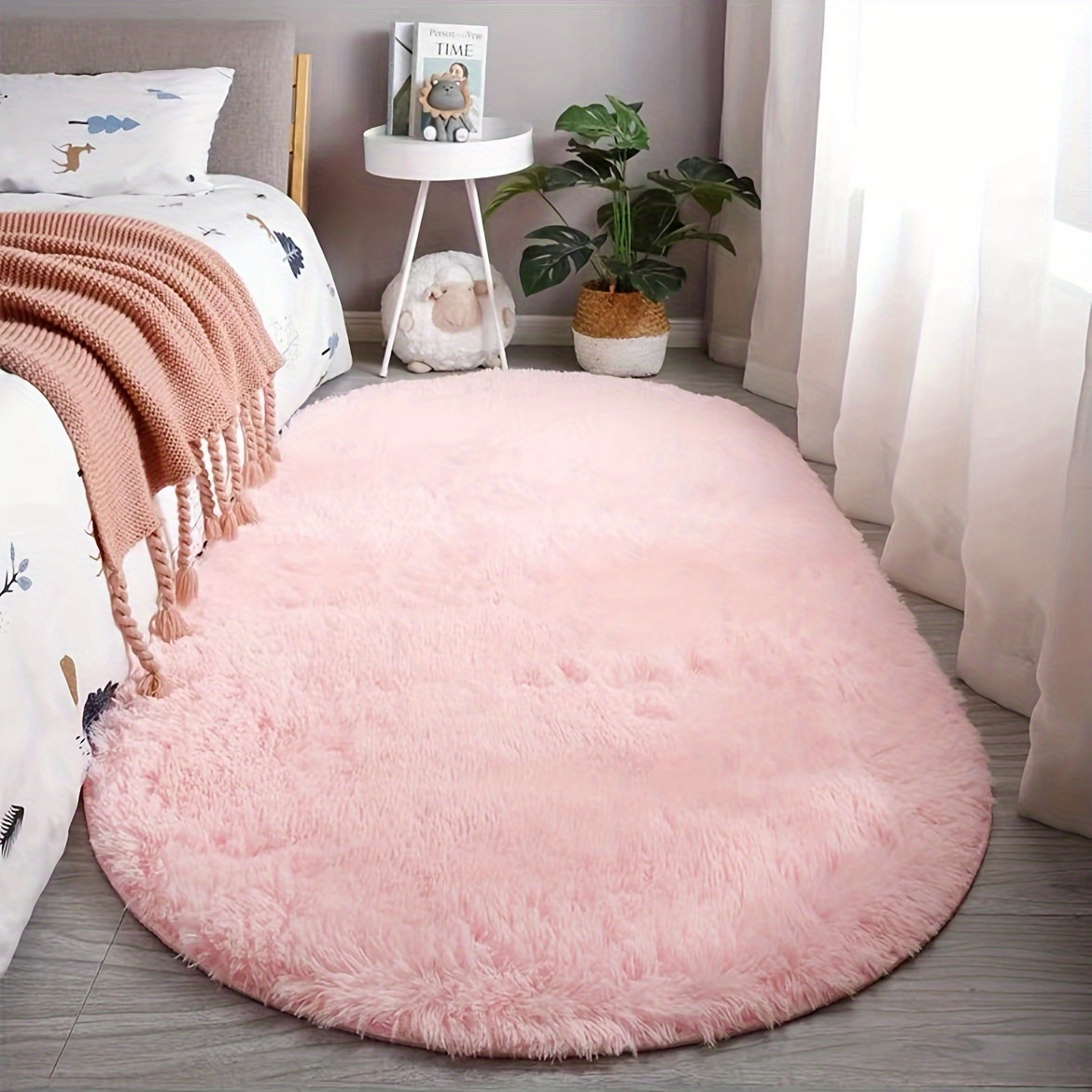 Soft Fluffy Oval Bedroom Rug With Rubber Backing