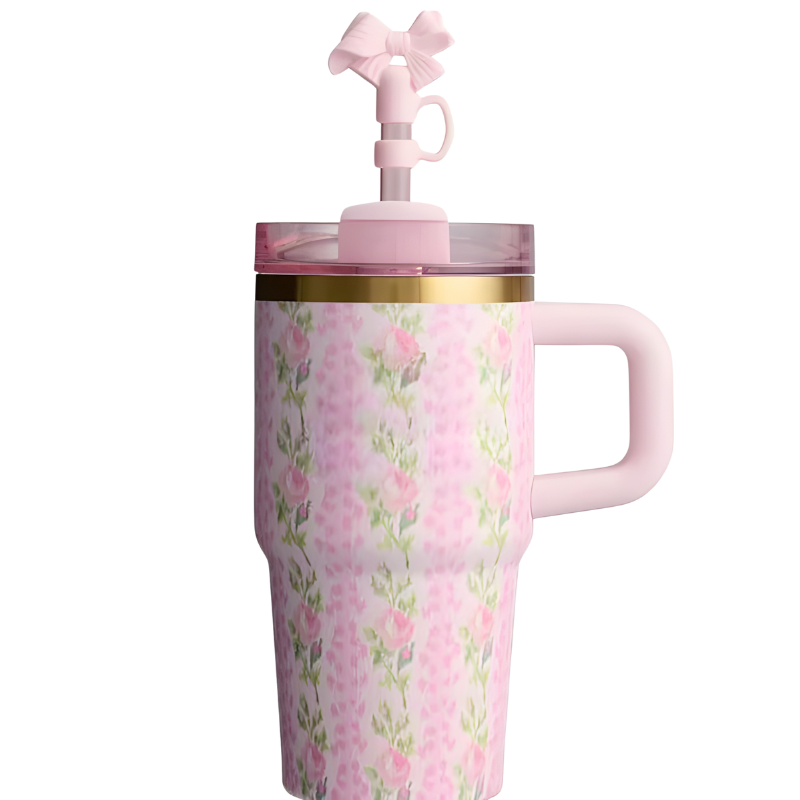 Floral Pattern Tumbler With Handle And StrawFloral Pattern Tumbler With Handle And Straw - Image 4