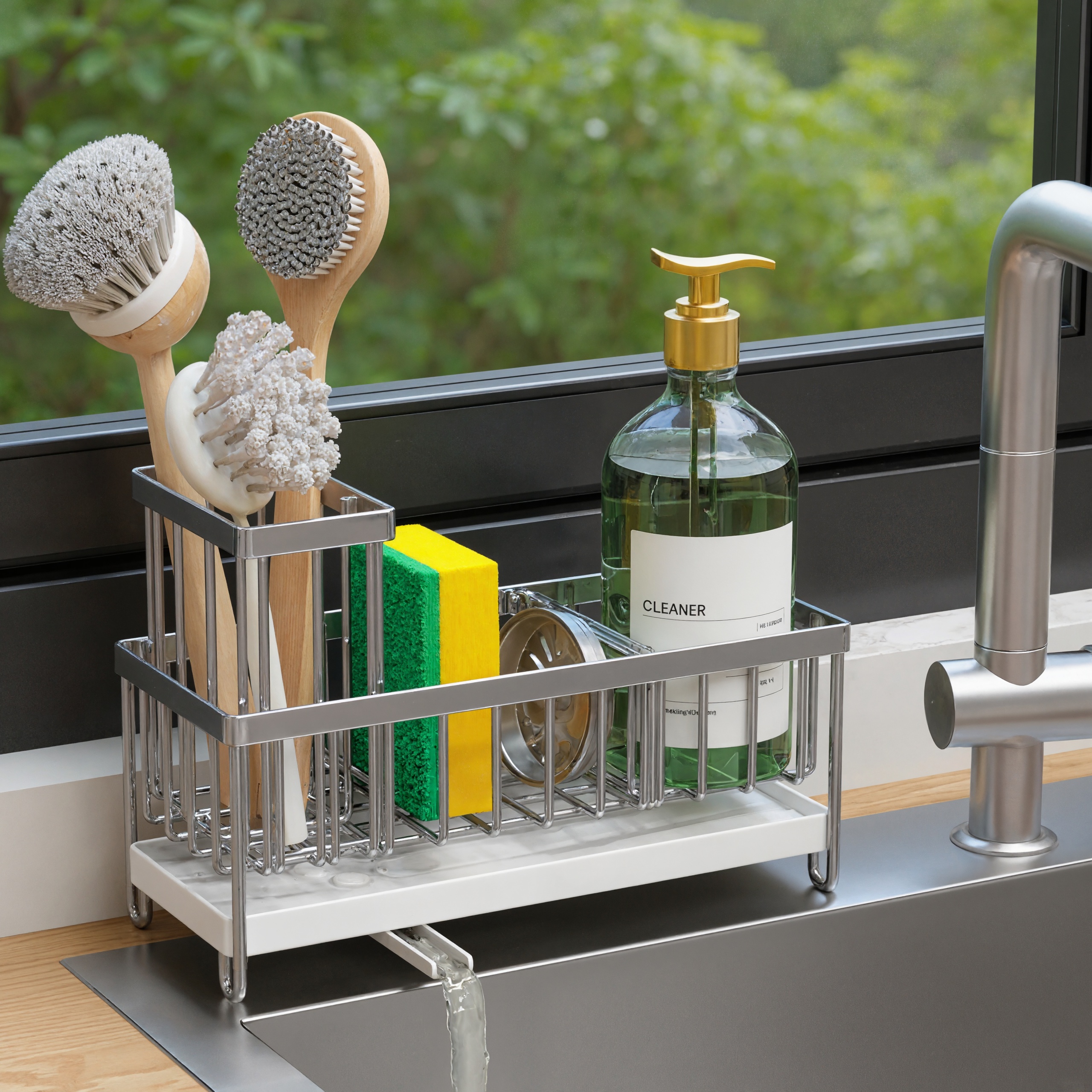 Essential Kitchen Countertop Storage And Organization RackSink Caddy Organizer With High Brush Holder - Image 2