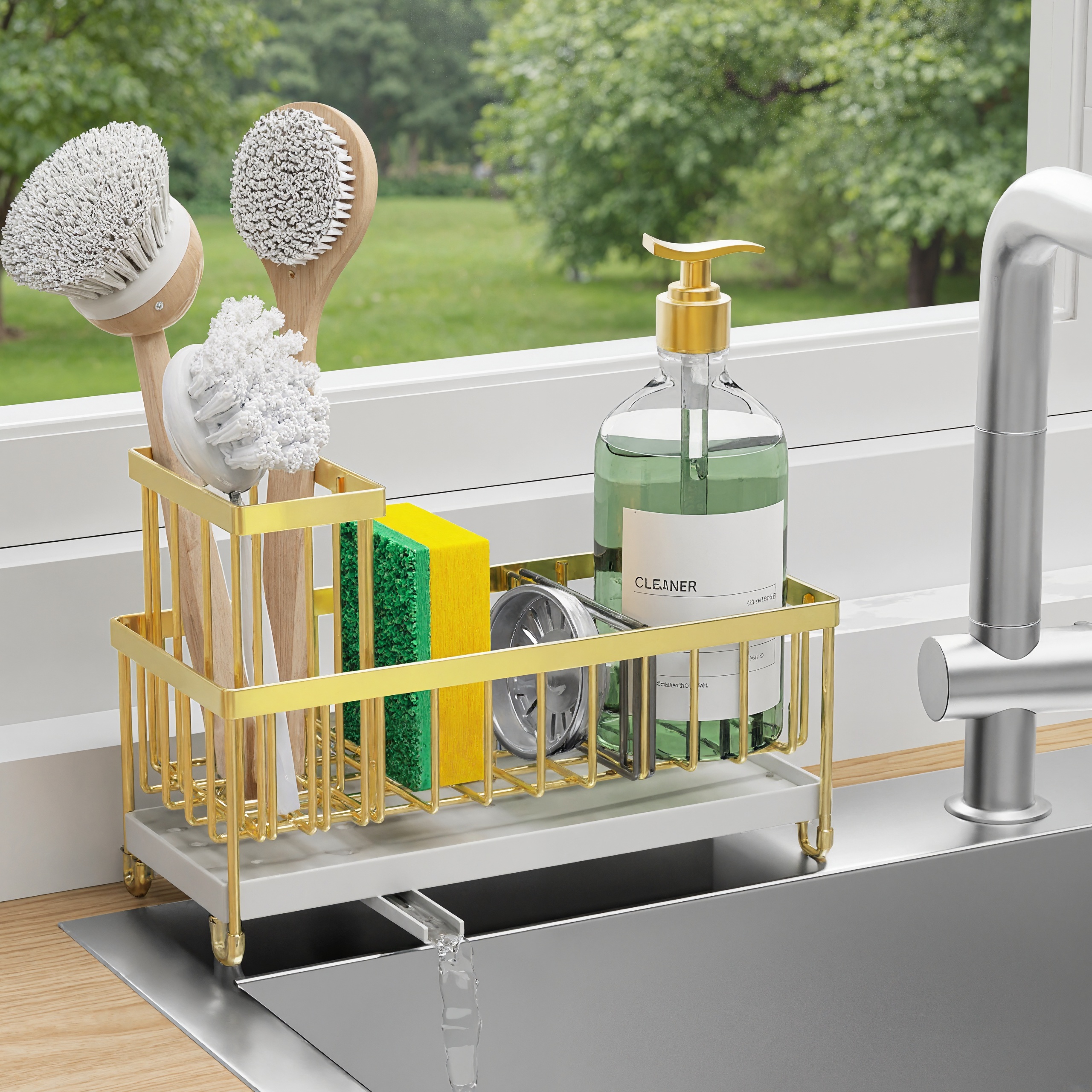 Rotating Spout Kitchen Sink CaddySponge Holder Sink Caddy Organizer With High Brush Holder - Image 7