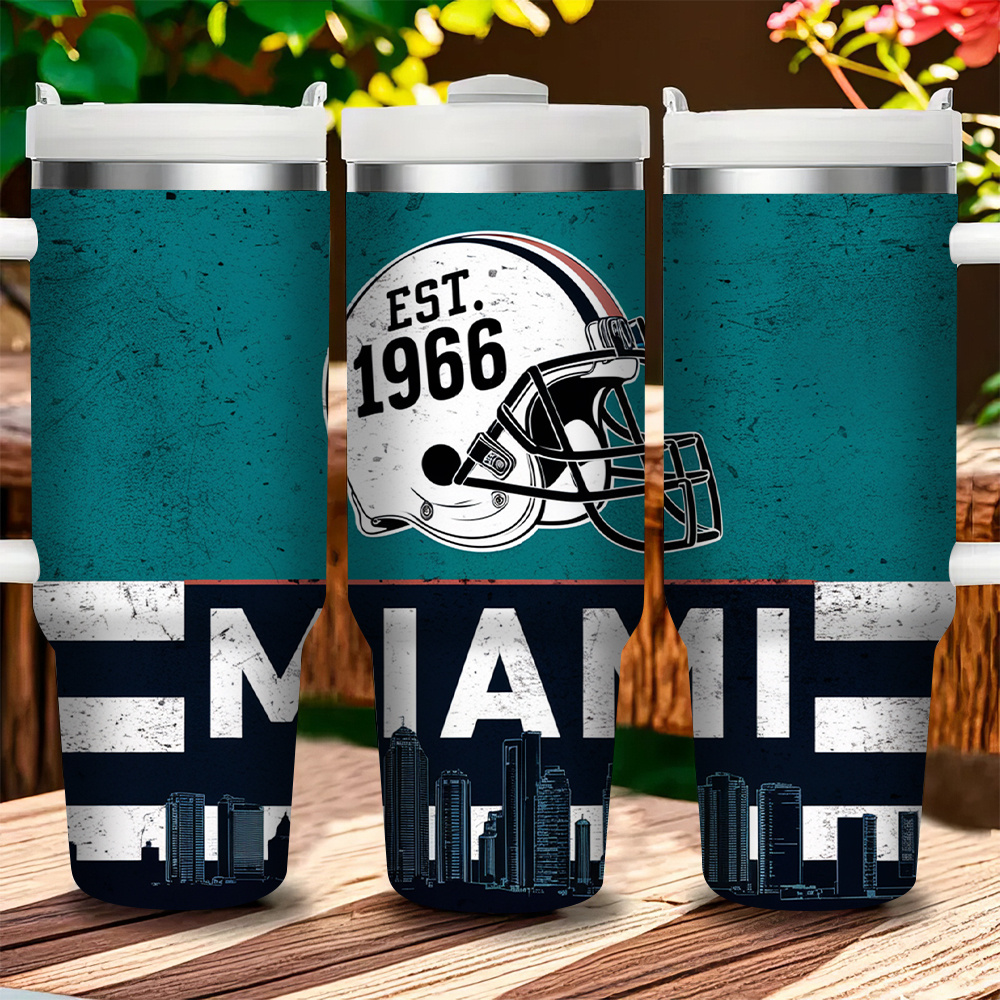 40oz Miami Football Tumbler with StrawMiami Dolphins Football Team Themed 40oz Stainless Steel Tumbler With Detachable Lid And Straw - Image 4