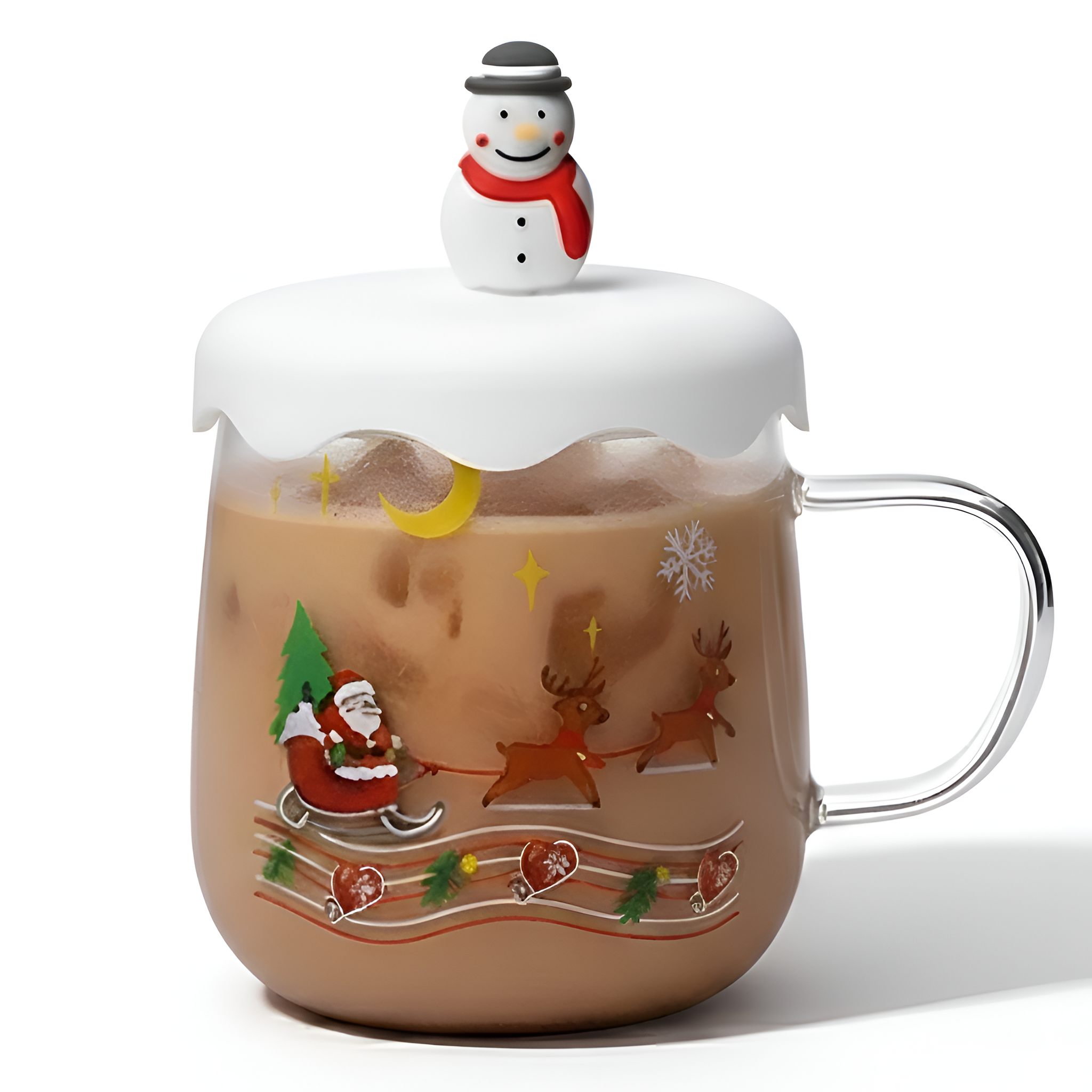 Christmas Themed Glass Cup With Snowman And Tree LidChristmas Themed Glass Cup With Snowman And Tree Lid - Image 2
