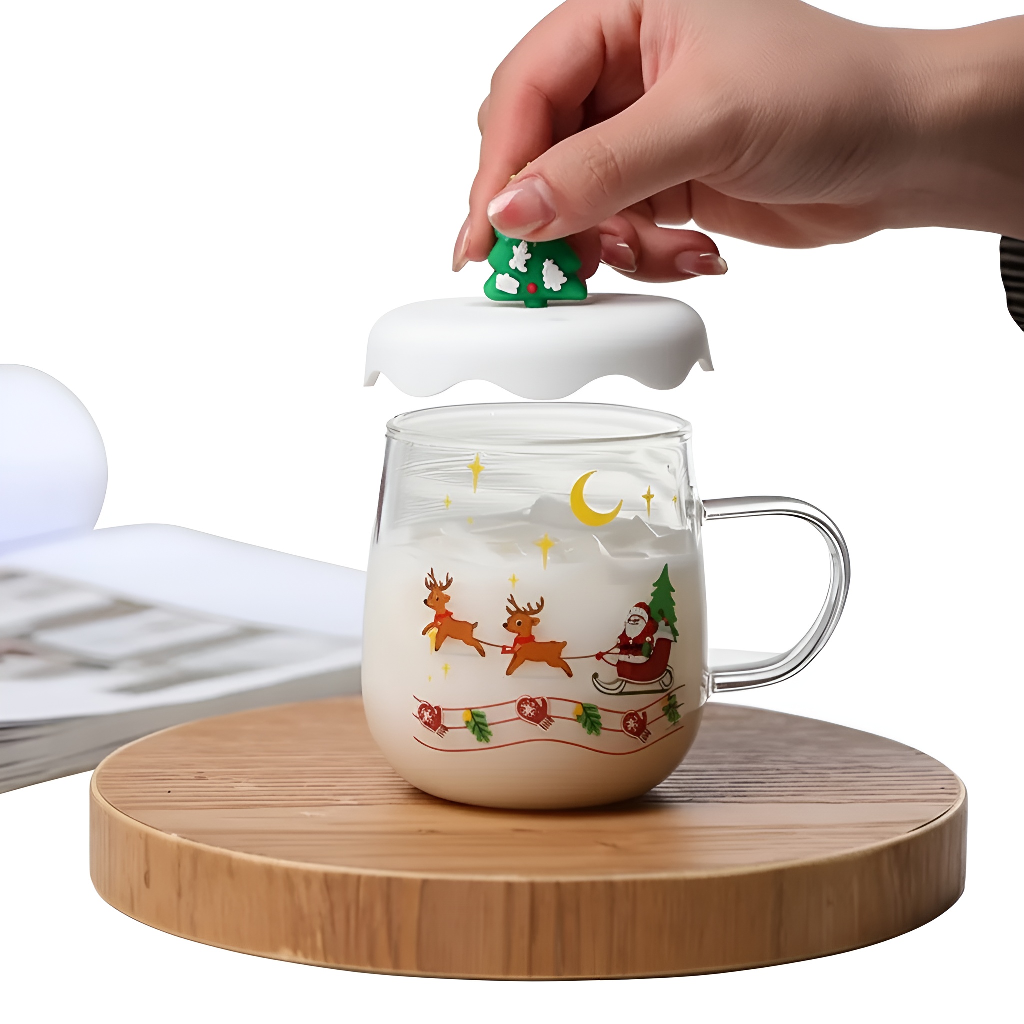 Christmas Themed Glass Cup With Snowman And Tree LidChristmas Themed Glass Cup With Snowman And Tree Lid - Image 5