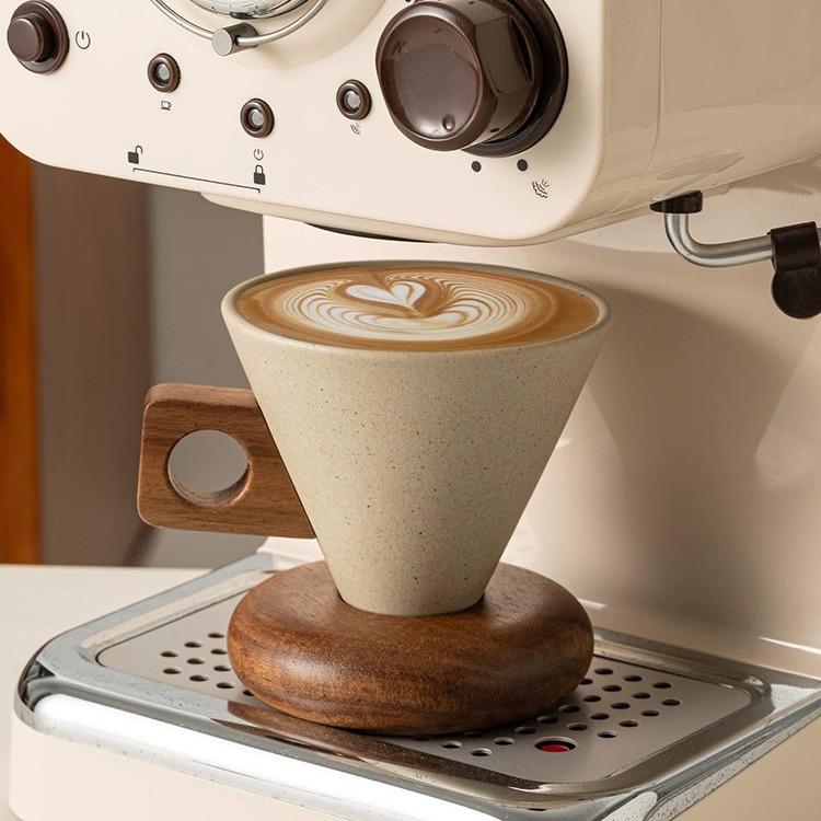 Cone Shaped Ceramic Coffee Mug With Wood Handle