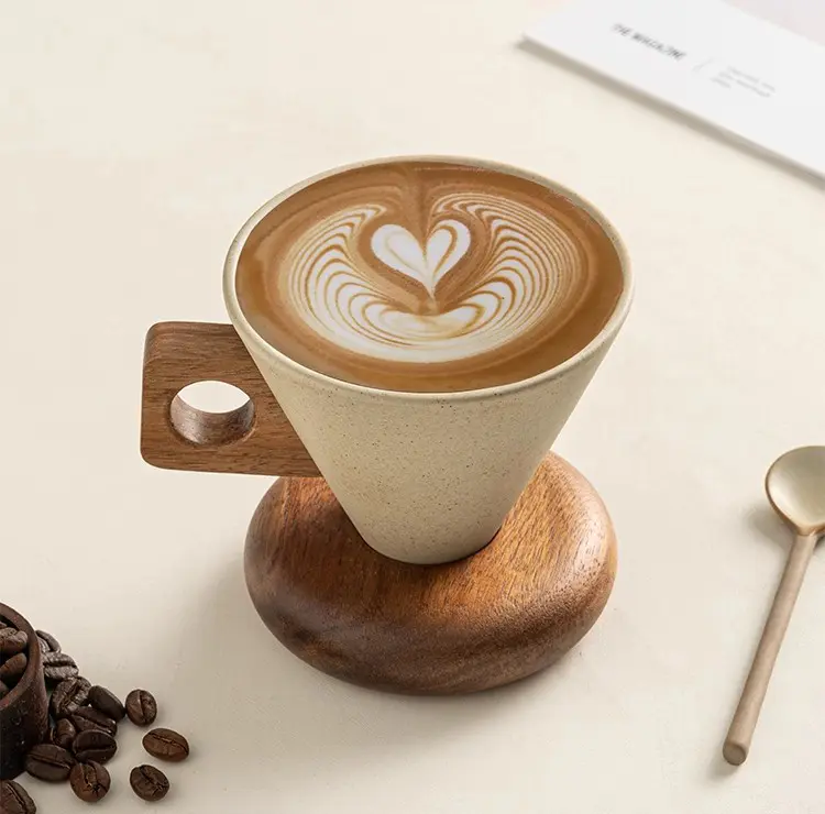 Cone Shaped Ceramic Coffee Mug With Wood Handle