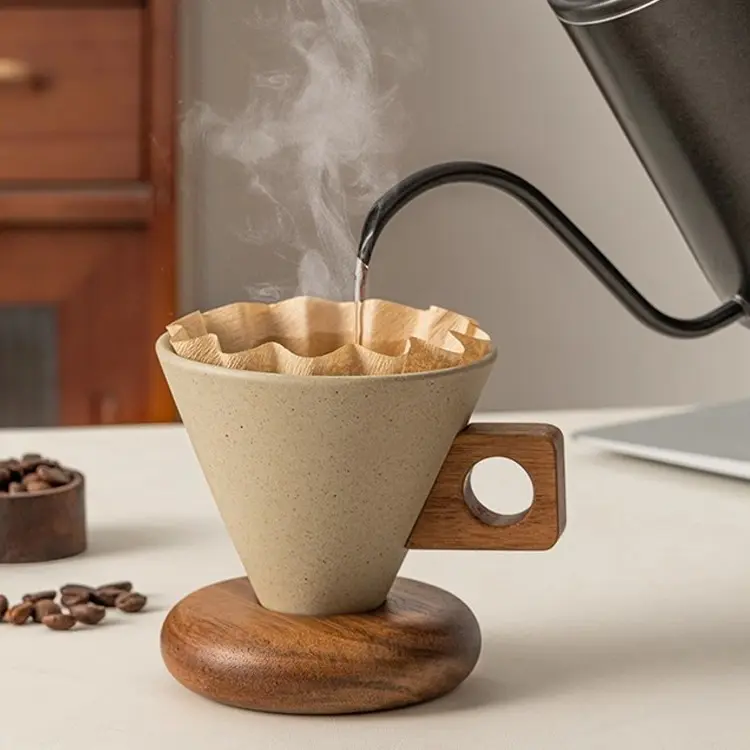 Cone Shaped Ceramic Coffee Mug With Wood HandleCone Shaped Ceramic Coffee Mug With Wood Handle And Holder - Image 4