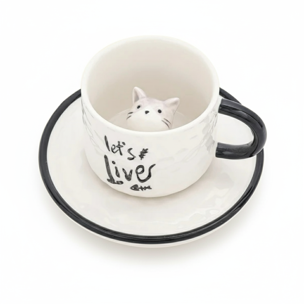 Kitten Ceramic Coffee Mug With Saucer