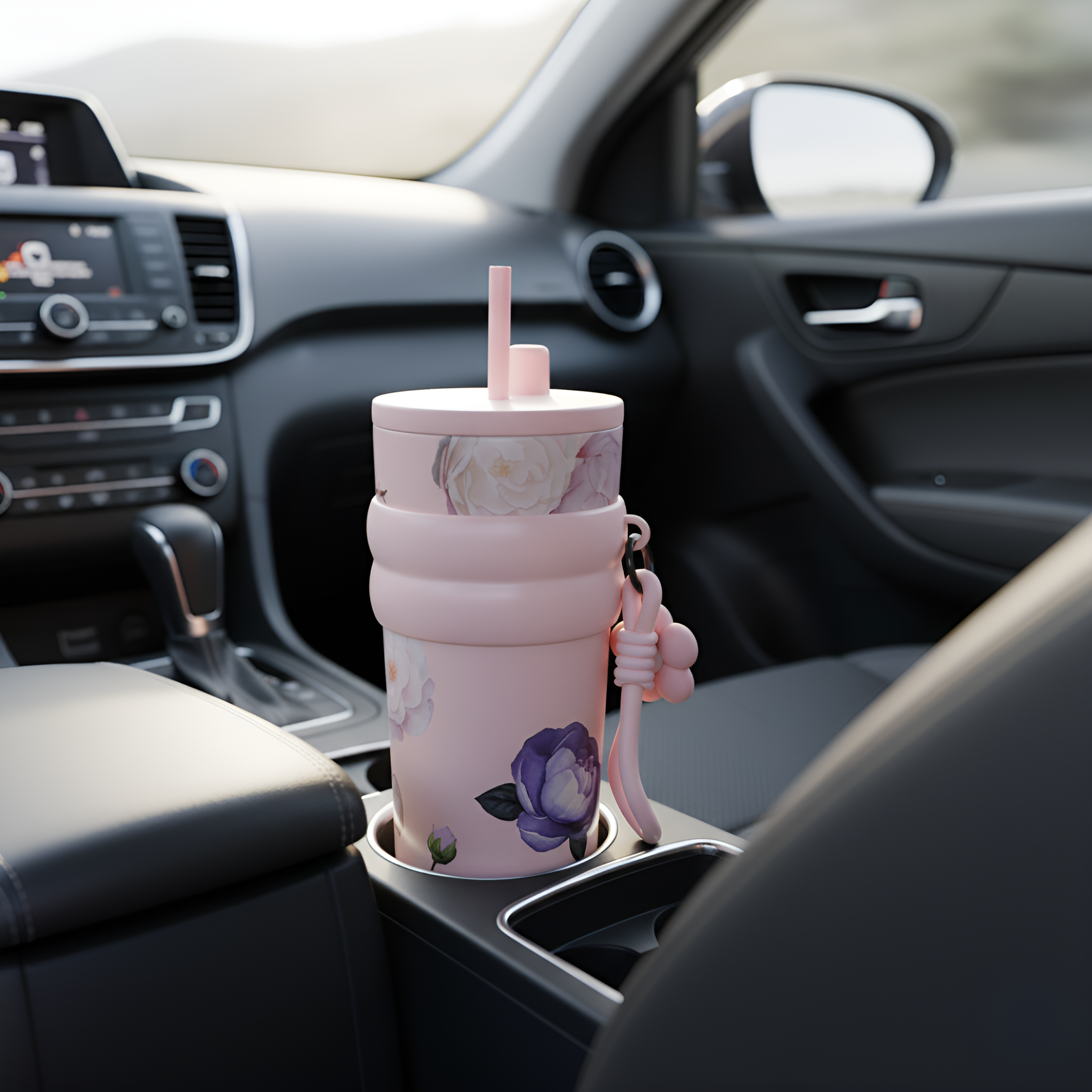 Stainless Steel Floral Pattern Tumbler With Straw And Carry Strap