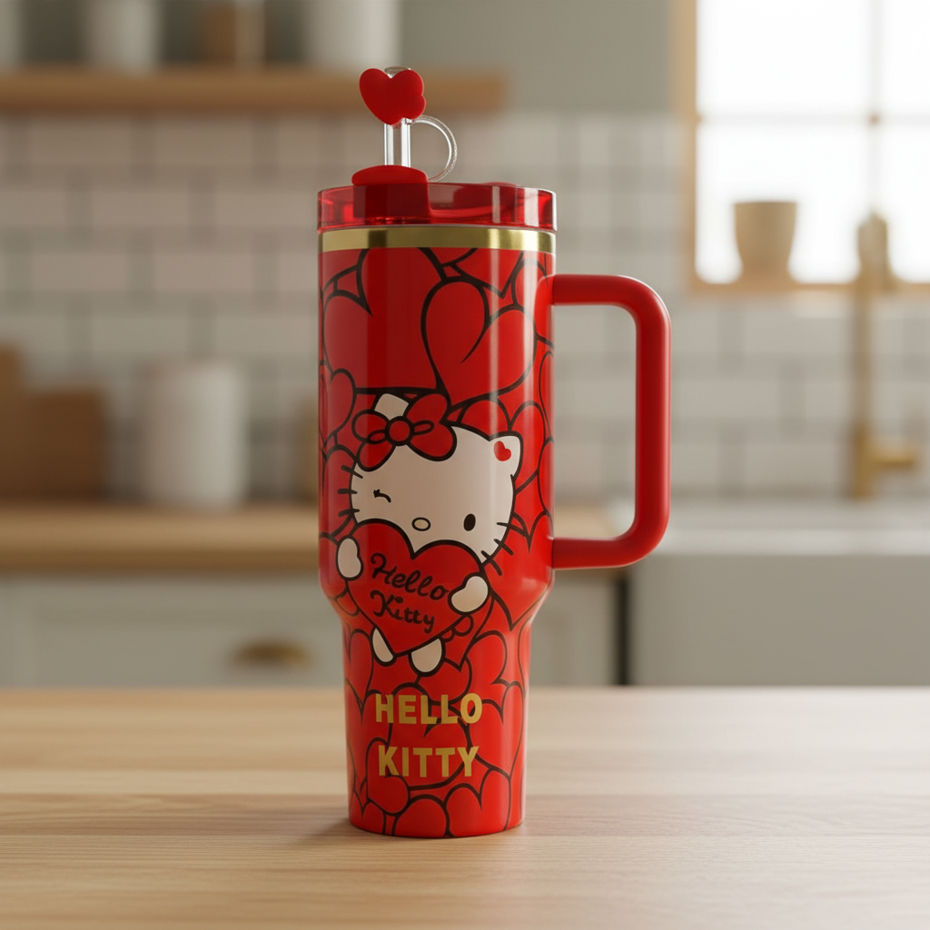 Hello Kitty Cartoon Print 40oz Tumbler With Handle And Lid