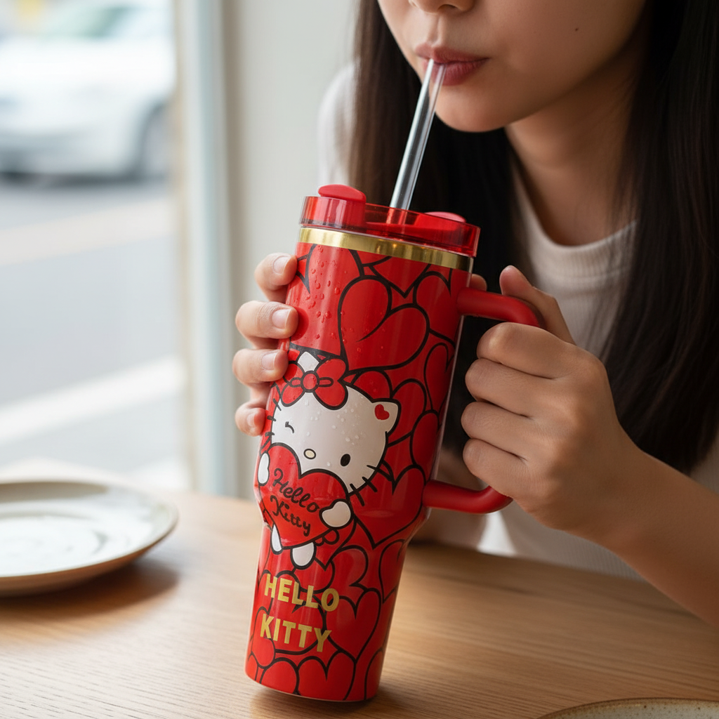 Hello Kitty Cartoon Print 40oz Tumbler With Handle And Lid